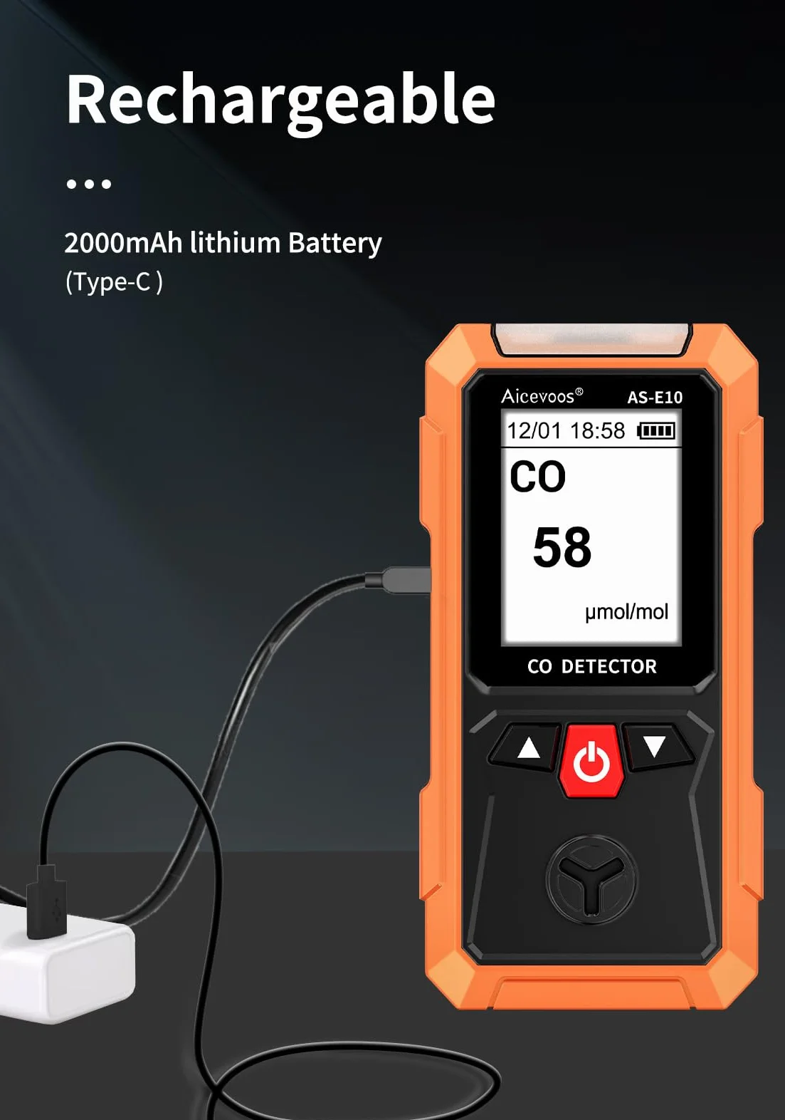 AS-E10 Detector de Monóxido de Carbono Portátil, Medidor Monóxido de Carbono con Alarma Sonora y Visual, 0-2000PPM, Alarma de CO, Pantalla LCD Retroiluminada, para Casa, Coche, Camping