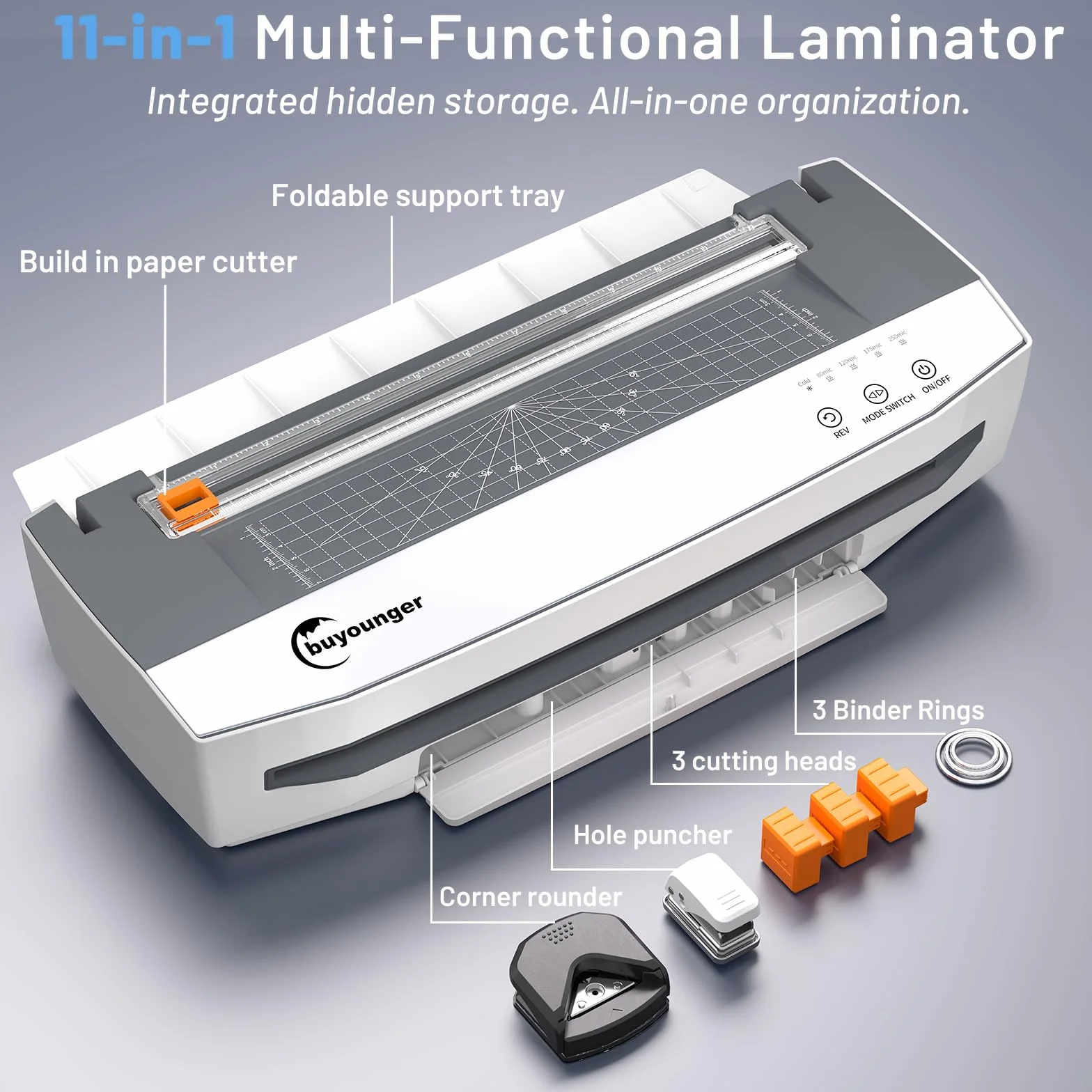 Buyounger Plastificadora A3 (80-250 micras), Plastificadora Profesional de 4 Rodillos con 50 Bolsas y 1000mm/min para A3/A4/A5/A6, Laminadora con REV Sin Atascos para la Oficina, la Escuela y el Hogar