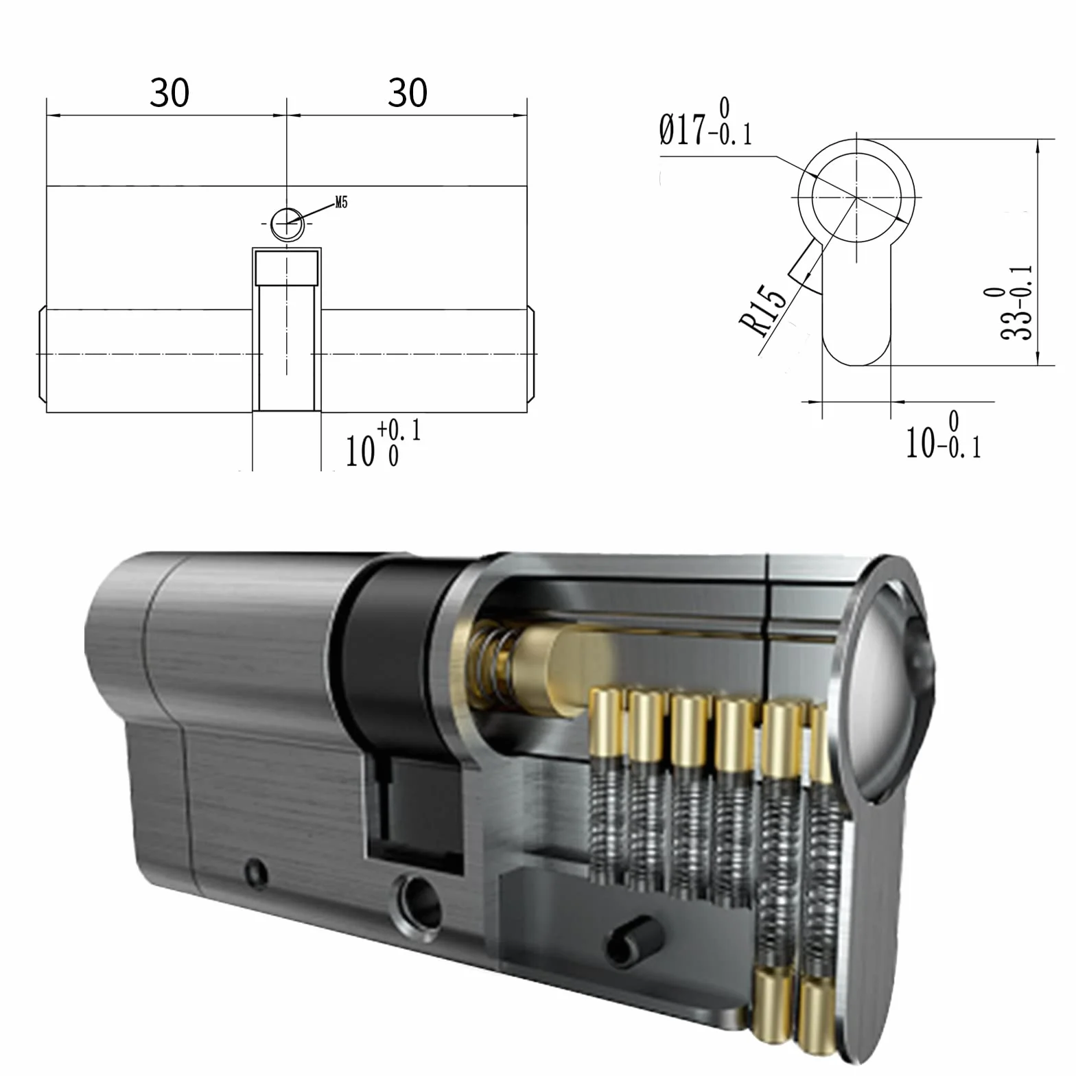 Cerradura de cilindro 30 30 mm, Anti-Ruptura Cerradura de cilindro de embutir de doble apertura, 5 llaves principales y tarjeta de código