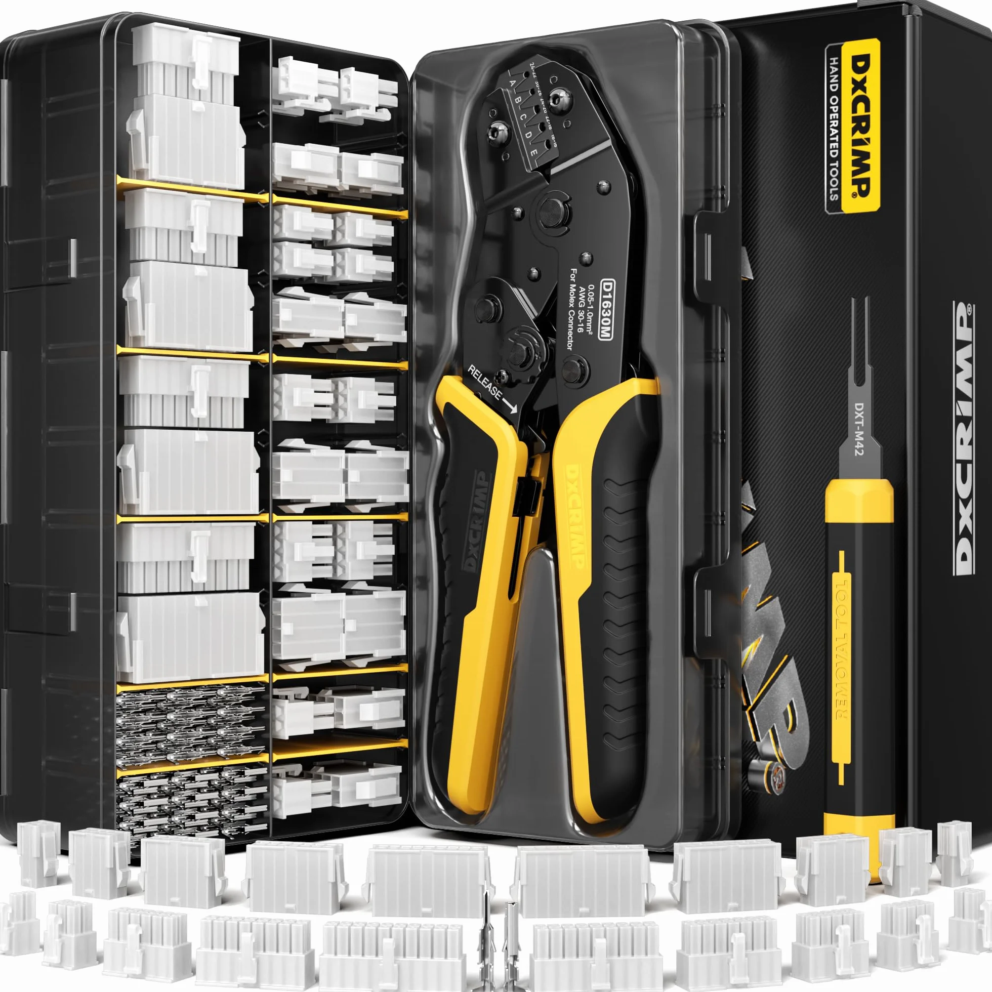 DxCRIMP Kit de Alicates de Terminales Mini-Fit Jr 4,2 mm — Set de Crimpado; Carcasas y Terminales 2–20 pines(26–16 AWG/0,14–1,5 mm²) con Crimpadora de Carraca y Extractor; ATX/EPS/PCIe, fuente modular