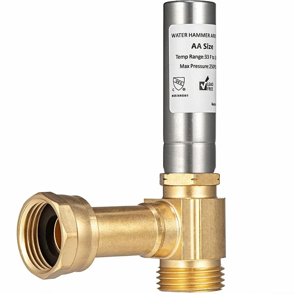 Pararrayos de martillo de agua en ángulo de 3/4 pulgadas para lavadoras, construcción de acero inoxidable y latón, absorción de impactos para sistemas de fontanería, paquete de 2
