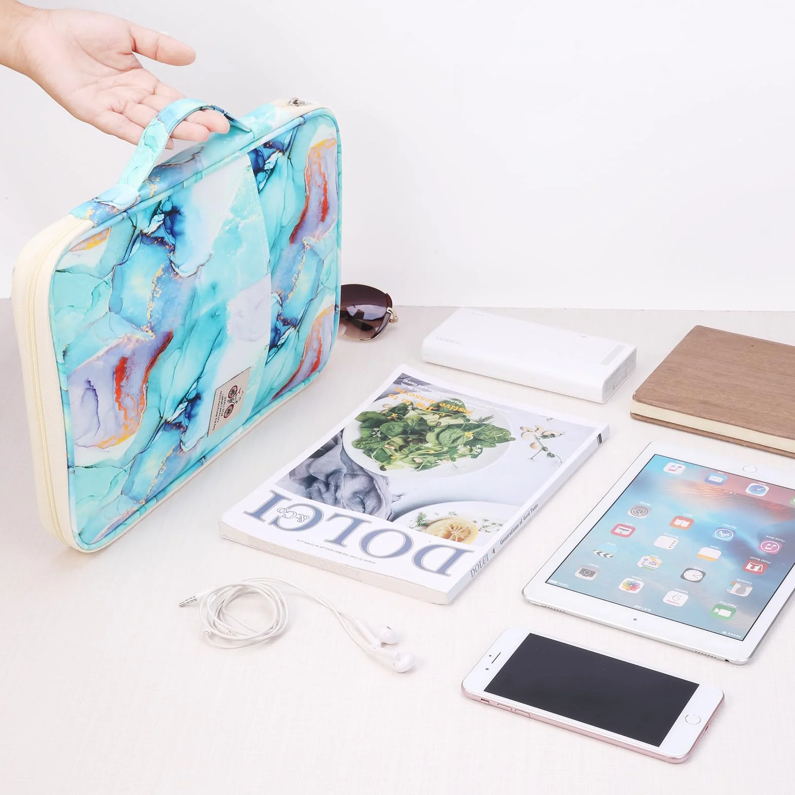 JAKAGO Carpeta impermeable A4, organizador de viaje con cremallera, verde mármol