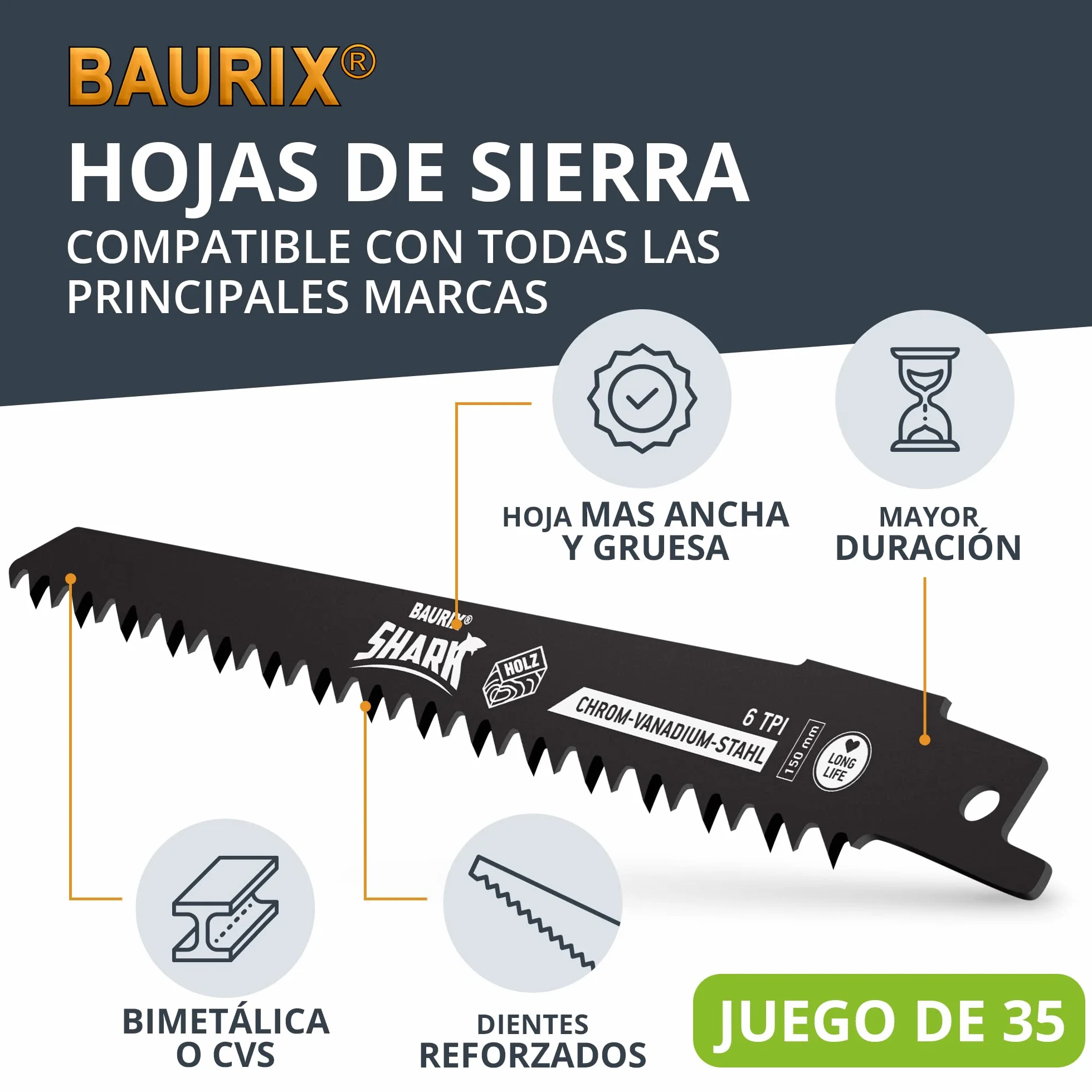 BAURIX 35 hojas de sierra sable 3-24 TPI para madera y metal apto Bosch Makita