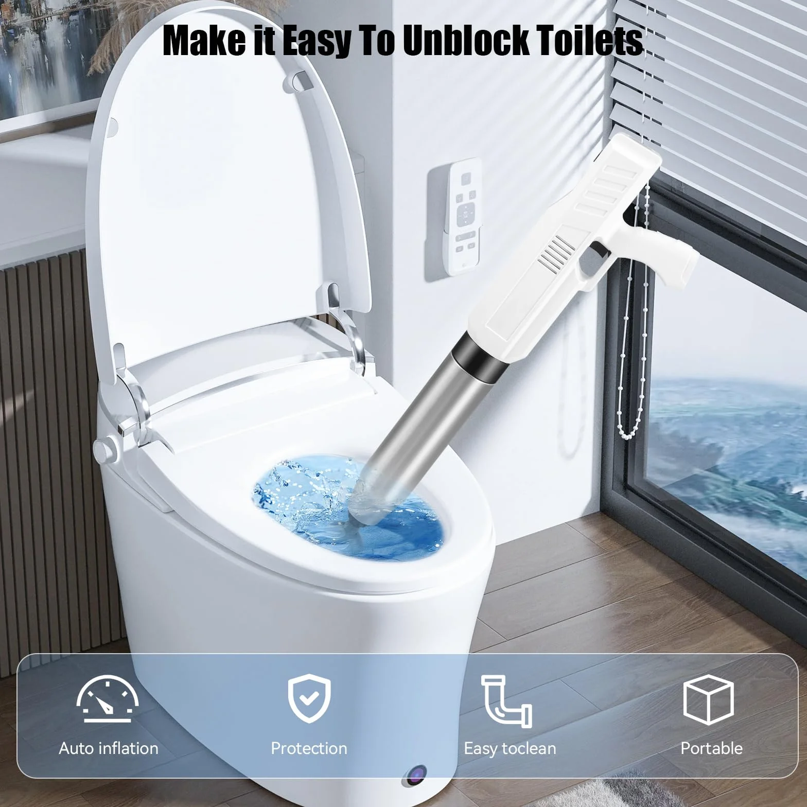 Desatascador de Tuberías con Aire Comprimido, Eléctrico desatascador WC, Desatascador de Inodoro con Barómetro, 4 Cabezas de Pistón e Inflador para Inodoro, Lavabo, baños y cocinas