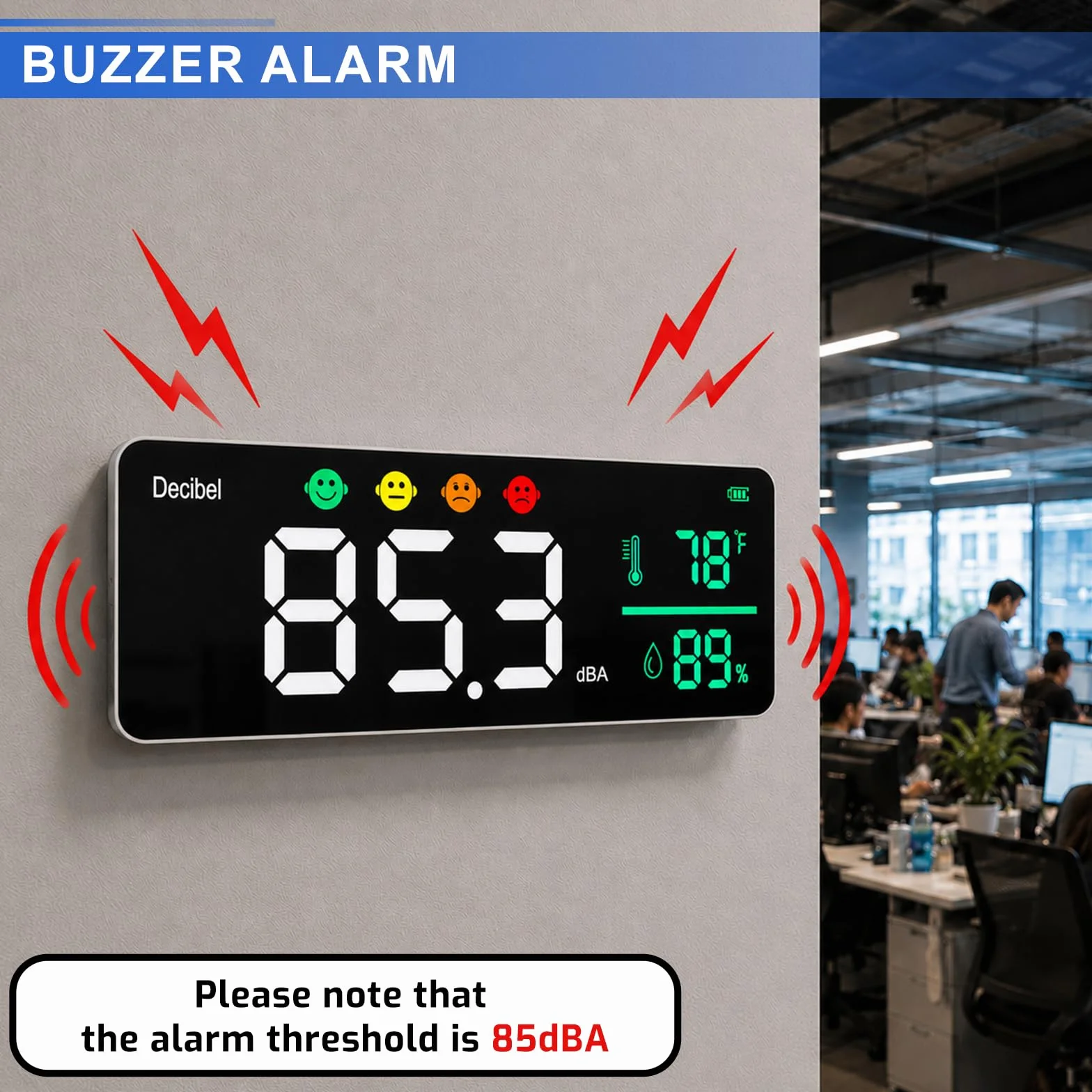 Medidor de decibelios con Registro de Datos, Probador de Sonido 11", Pantalla de pared para ruido, Temperatura y Humedad, Alarma sonora e íconos, Duarda 4,000 puntos de datos, para aula y estudio