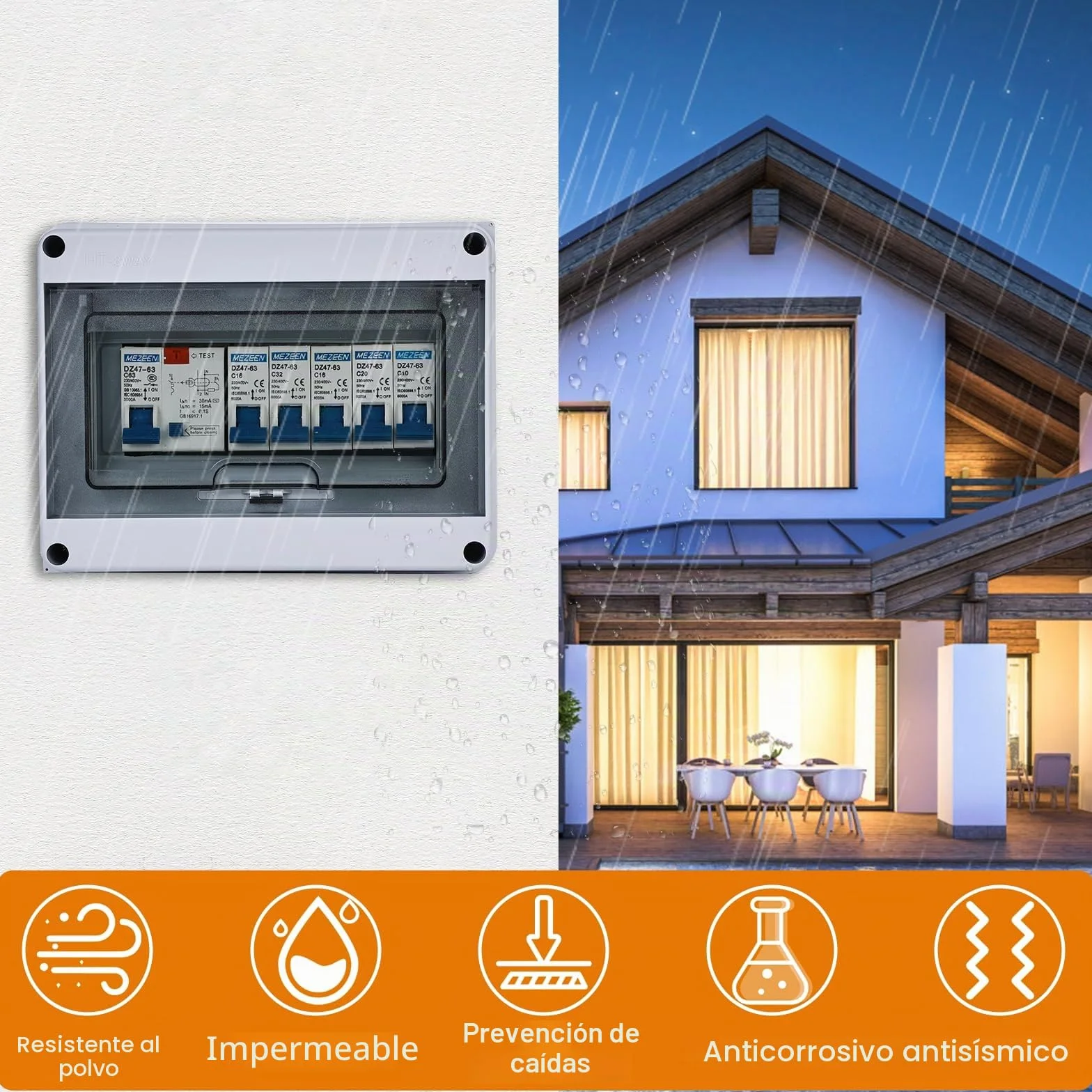 Nizirioo Caja de distribución de superficie IP65 resistente al polvo: interruptor automático de 63 A, interruptor de aire 2 x 6 A+10 A+20 A+32 A para jardín y exteriores