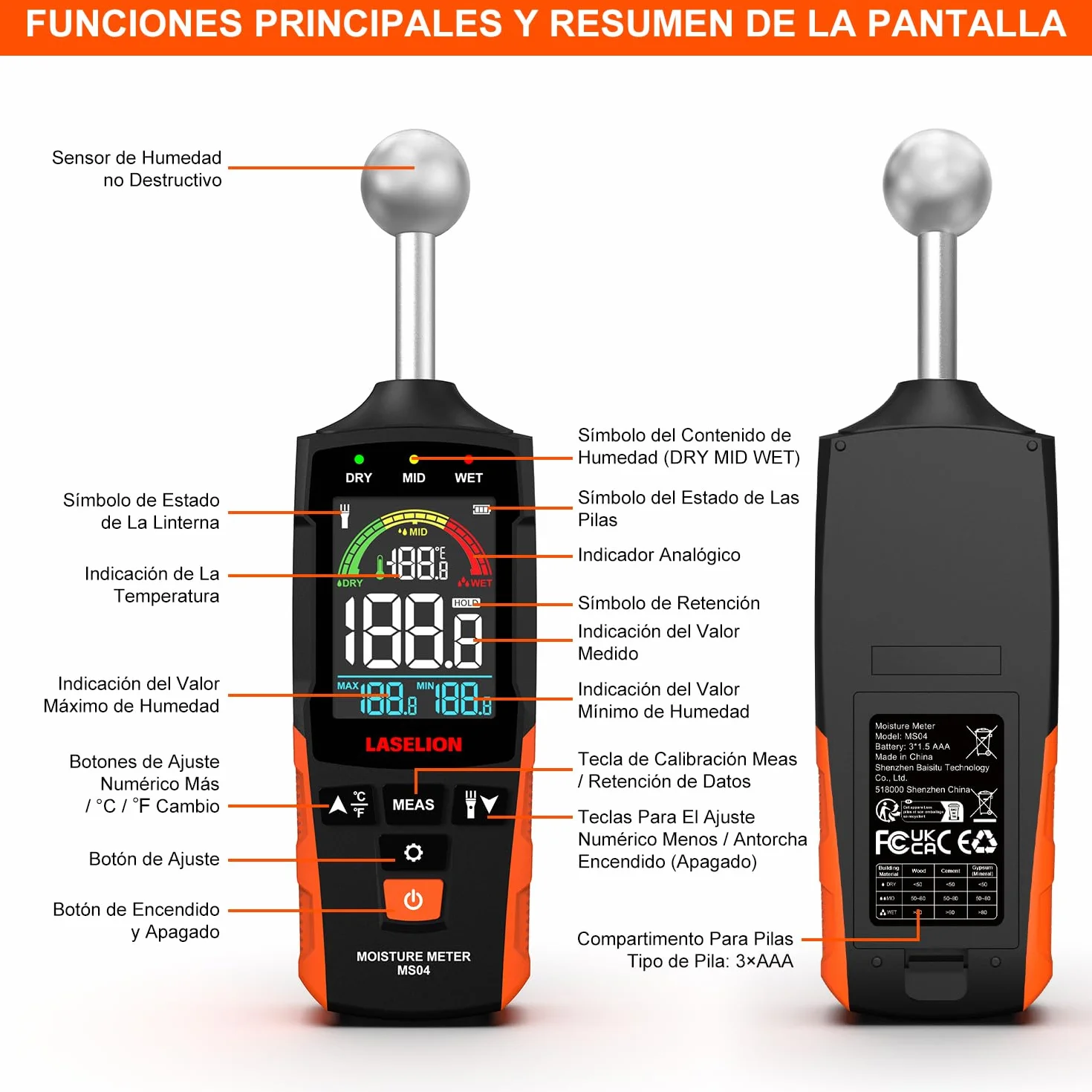LASELION Medidor de Humedad No Destructivo - Sensor Esférico 5-40mm, Temperatura en Tiempo Real (°C/°F), Detecta Humedad Oculta en Madera/Paredes/Obra, Alarmas Personalizables - MS04