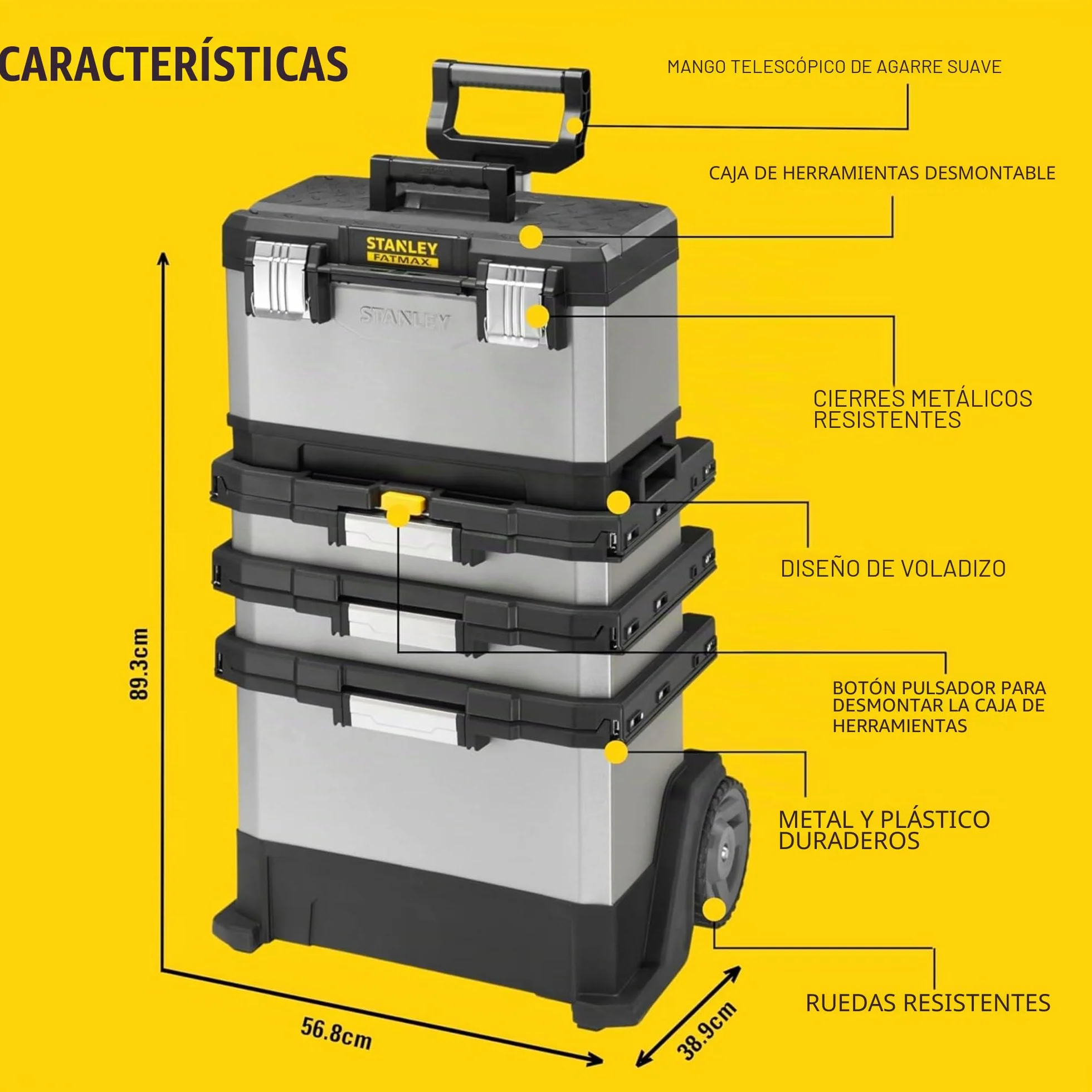 STANLEY FATMAX Taller Móvil Metálico, Carro de Herramientas, Caja Versátil para Piezas Pequeñas y Grandes, Ruedas 17cm, Cierres Metálicos Antioxidantes, 1-95-622