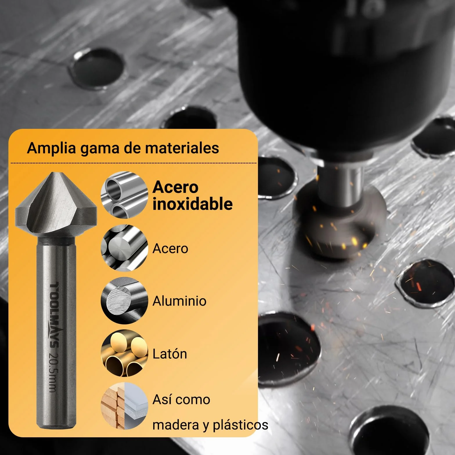 Avellanador Para Metal y Madera M35 Cobalto Ø 6,3-20,5 mm | 6pzs HSS-E 90° Brocas Avellanadoras con 3 Caras para Acero Inoxidable, Cobre, Aluminio y Plástico