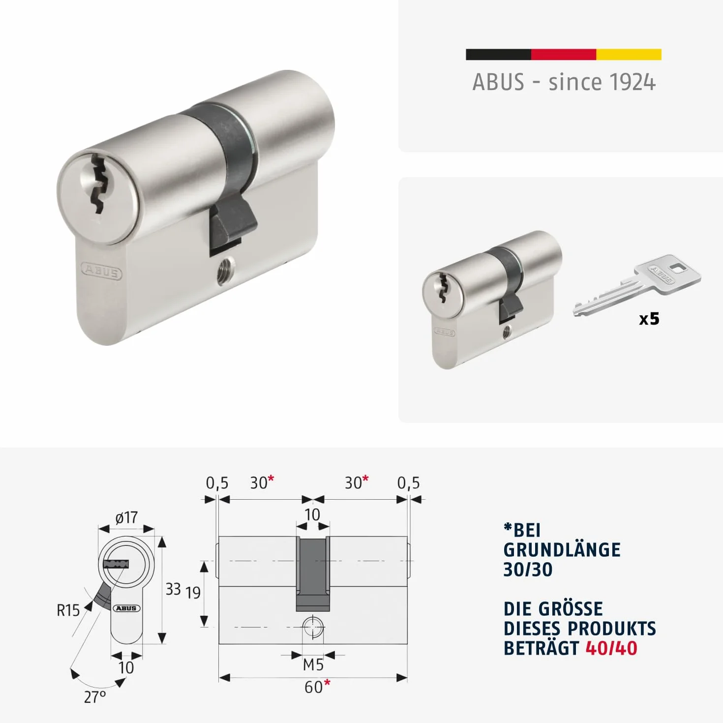 ABUS Cilindro de perfil E30NP 40/40 - cerradura para puertas con función de emergencia y seguridad, incluye 5 llaves - nivel de seguridad ABUS 6