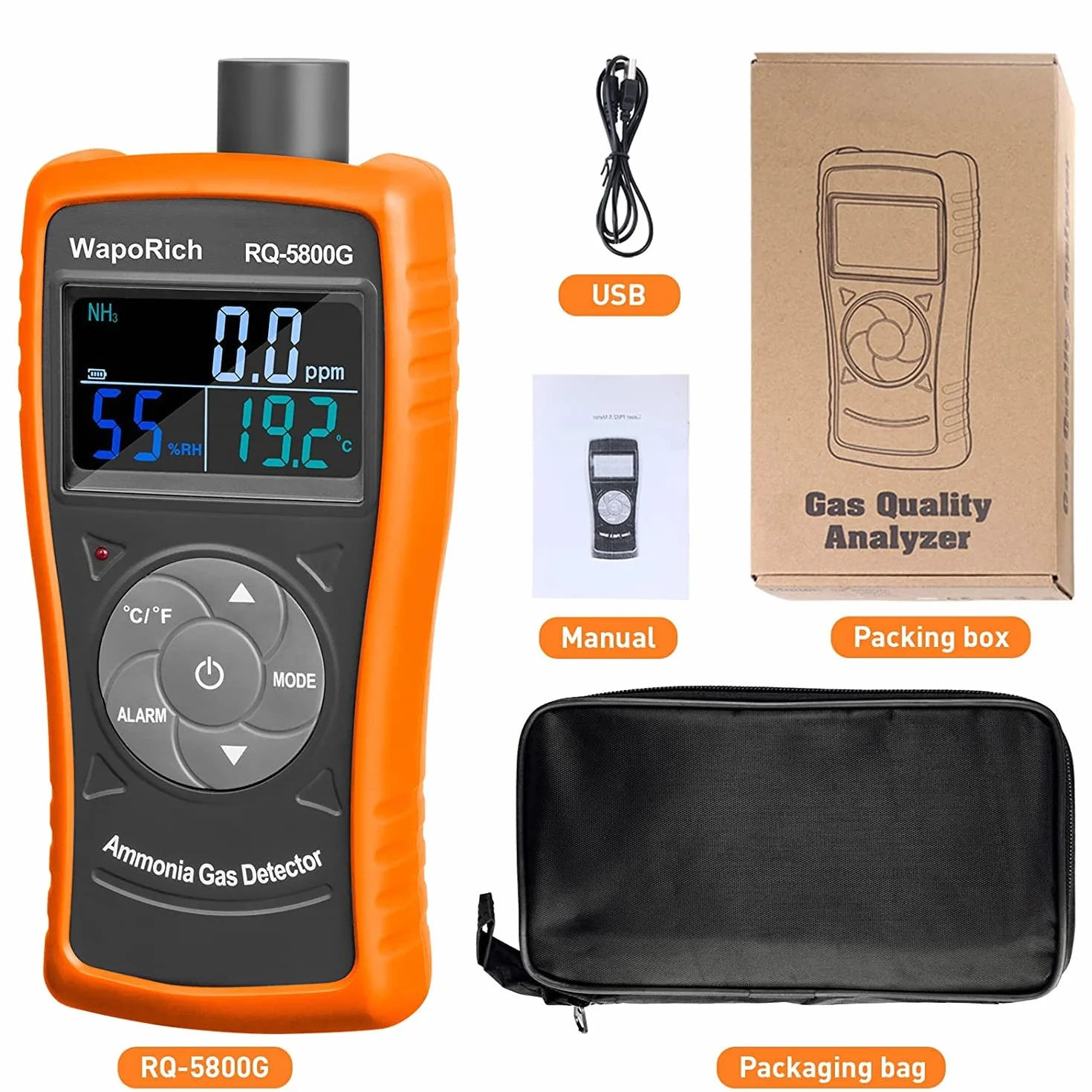 Detector de Gas Amoníaco 0~100 PPM Medidor de NH3, Detector de Partículas Recargable Medidor Profesional Monitor de Gas Amoníaco con Temp, Humedad para aves de Corral, Granja - RQ-5800G