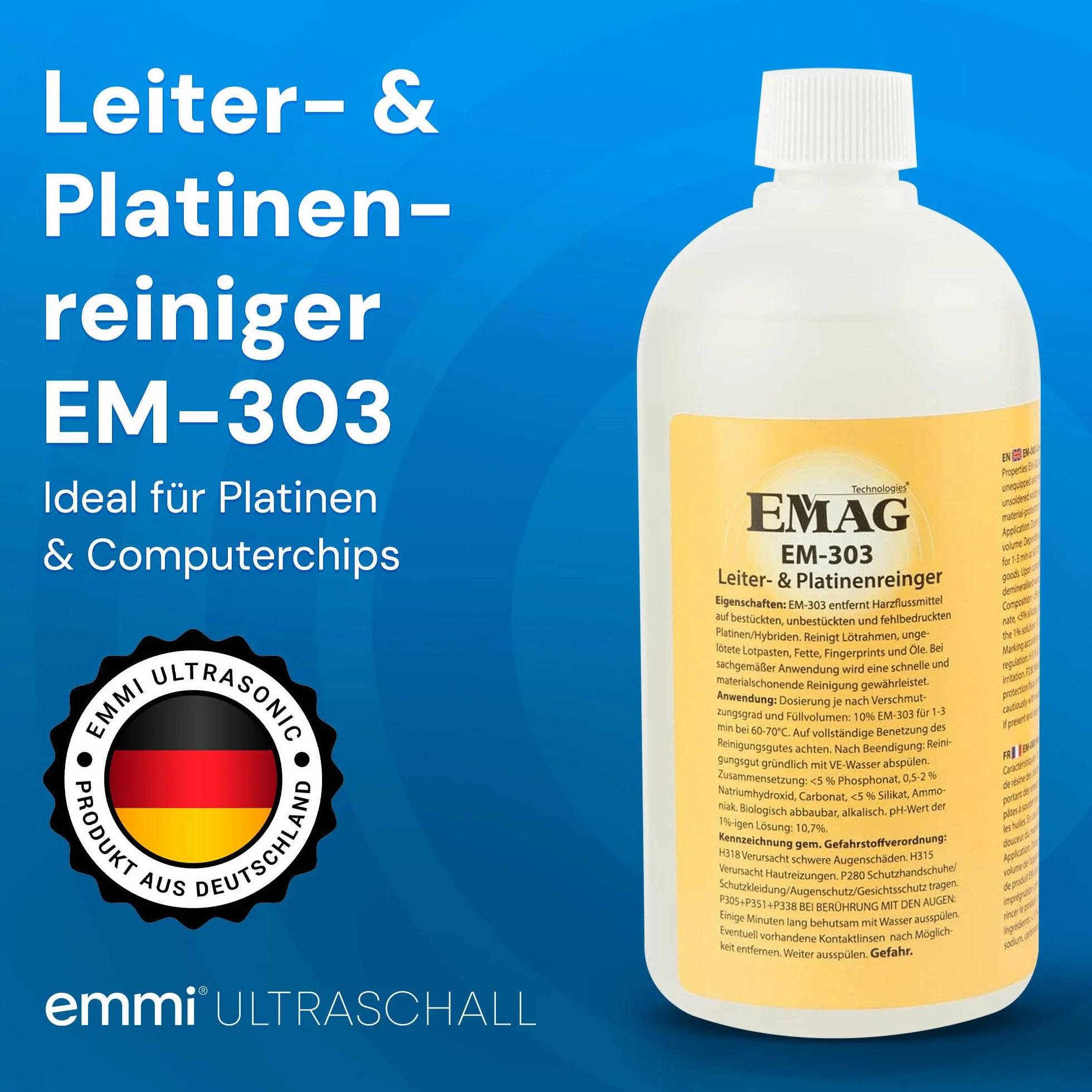 EMAG Limpiador de escaleras y placas EM-303 I limpiador ultrasónico especial para placas y híbridos no equipados I elimina grasas, huellas dactilares, etc. I 0,5 l