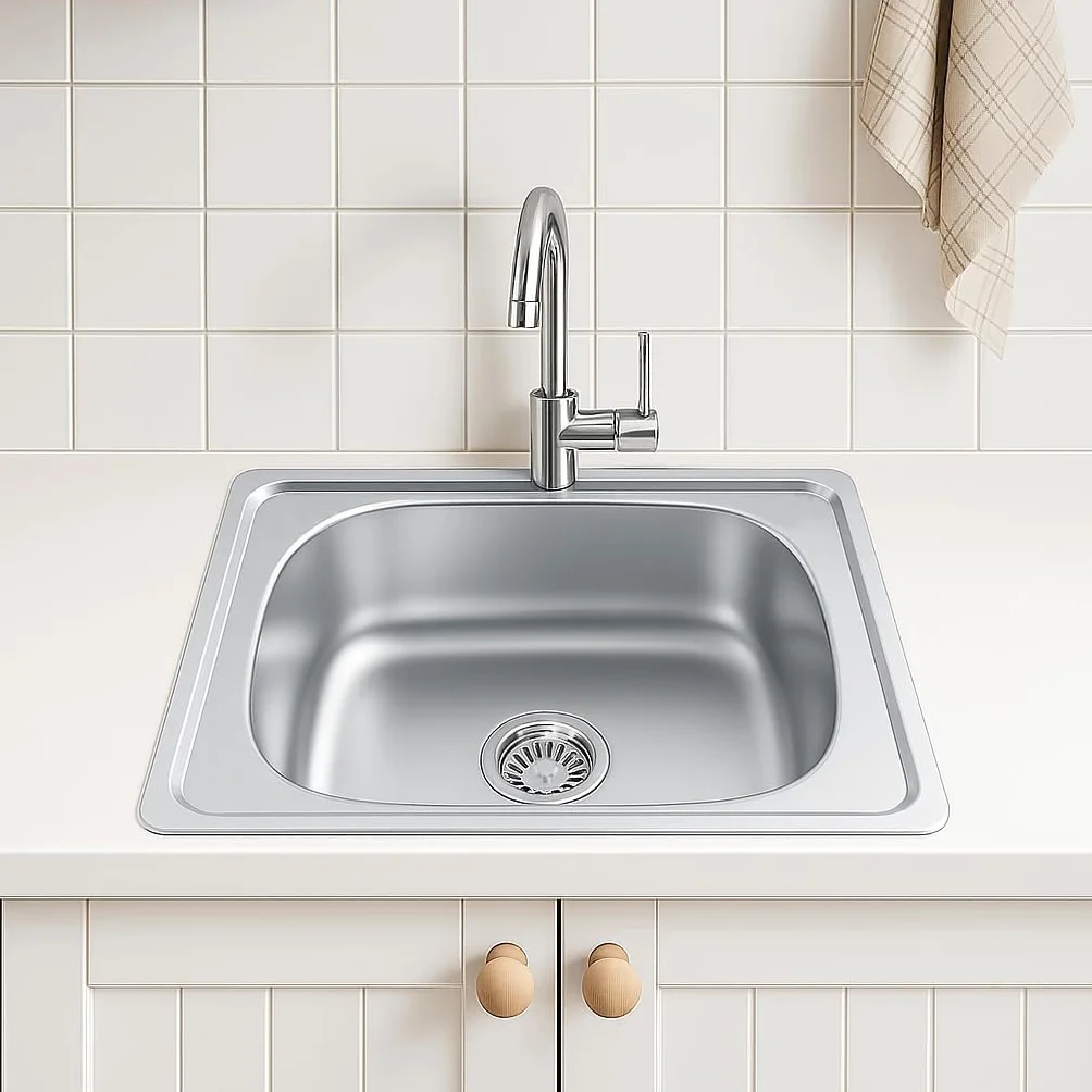 Fregadero de acero inoxidable, 1 lavabo, incluye sifón y orificio para grifo (48 * 48cm)