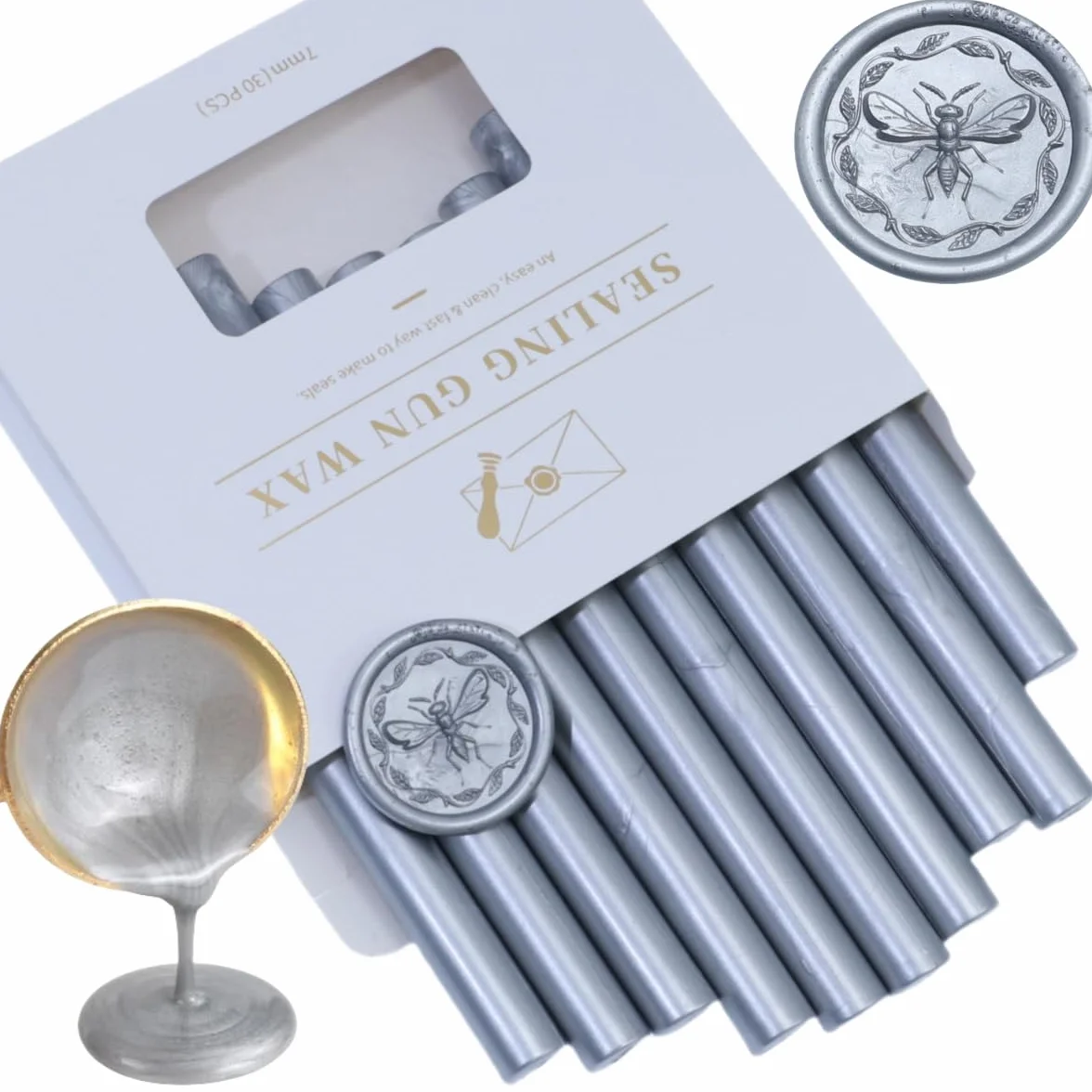 1,1 cm Cera de palos, Atopbb Silver Wax Stick 10 unidades pistola de pegamento para sellos de cera, para cartas, tarjetas de felicitación, vino, manualidades, bodas y fiestas (plata)