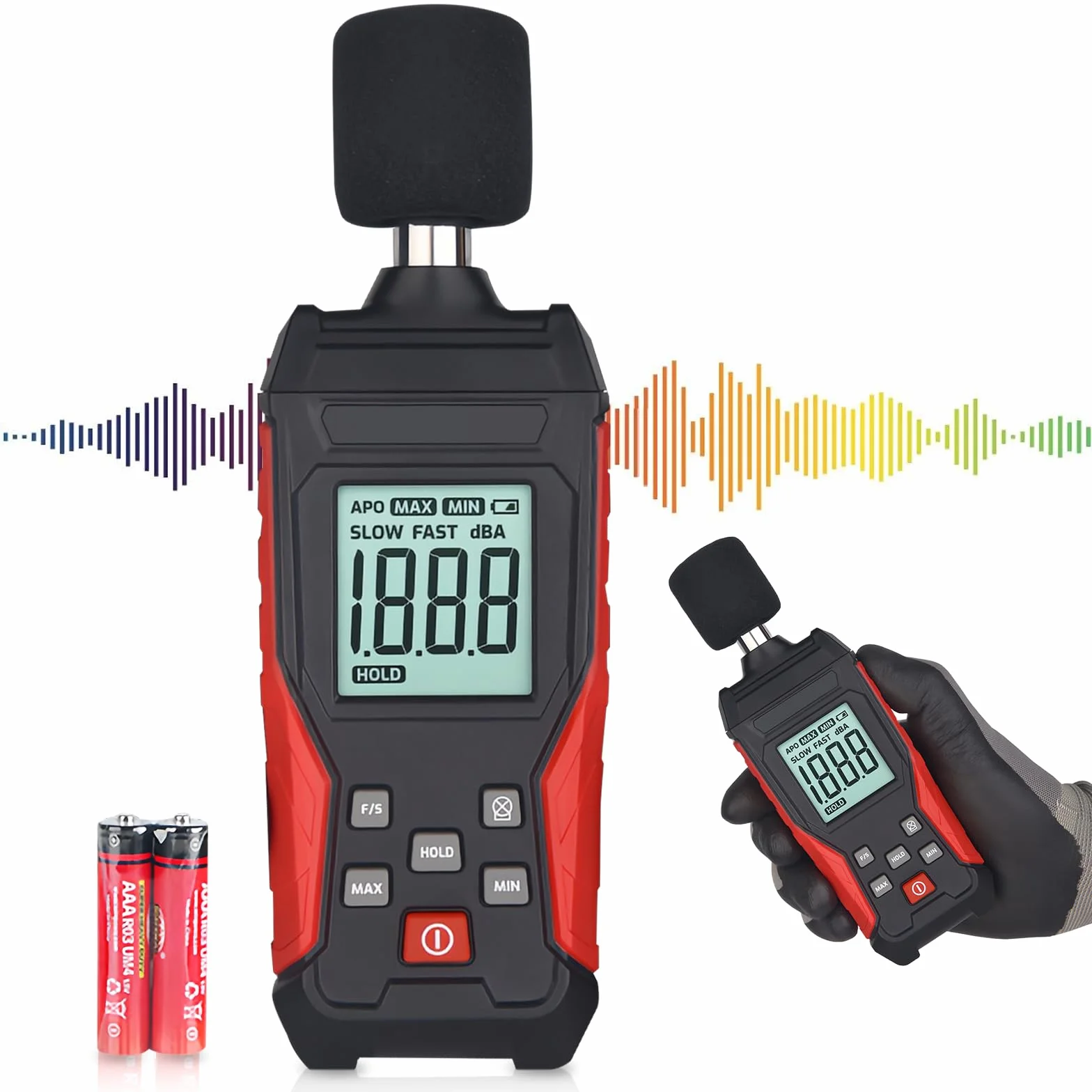 Medidor de decibelios profesional con almacenamiento de datos | Medidor de nivel de sonido digital portátil | Medidor de nivel de sonido 30 – 130 dB (A/C) para casa, obra, oficina | Iluminación LCD