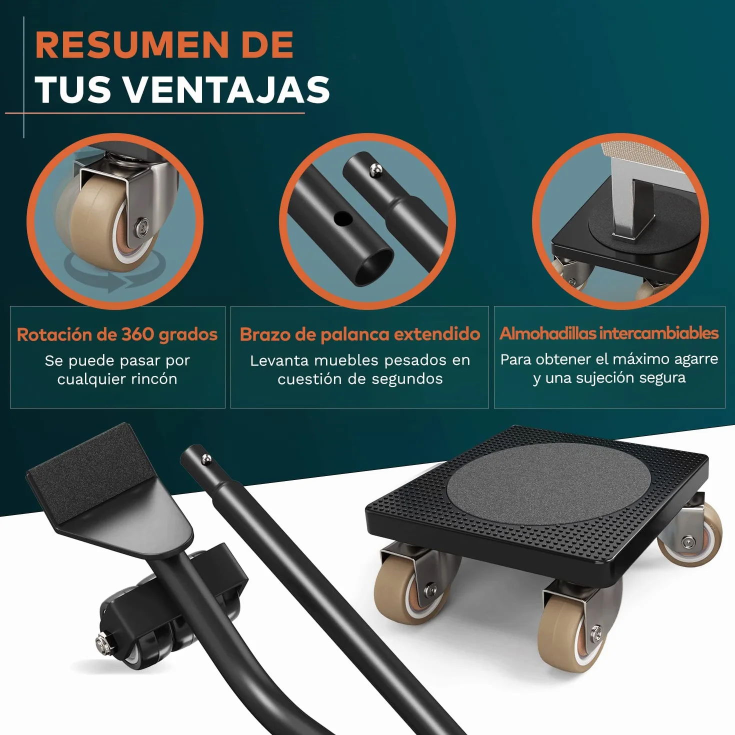 El Innovador Elevador de Muebles para Muebles Pesados de FAIRMO - 4 Ruedas Muebles y 1 Elevador de Carga (Incl. Almohadillas Antideslizantes) - Ruedas para Mover Muebles Pesados facilmente de TPE