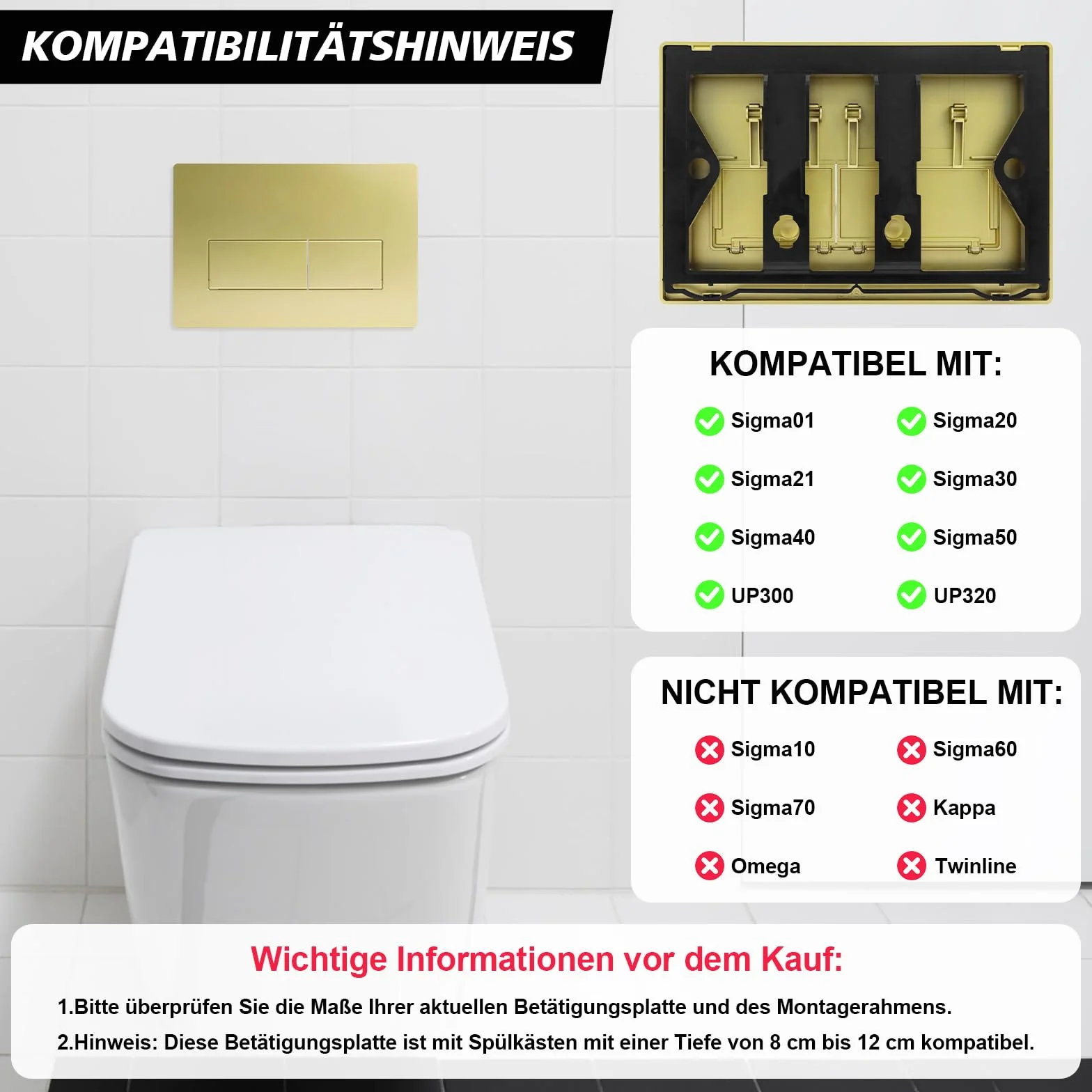 Placa de descarga WC de doble descarga, placa de accionamiento compatible con GEBERIT SIGMA01 UP300/320, placa de repuesto 115.770.11.5, oro