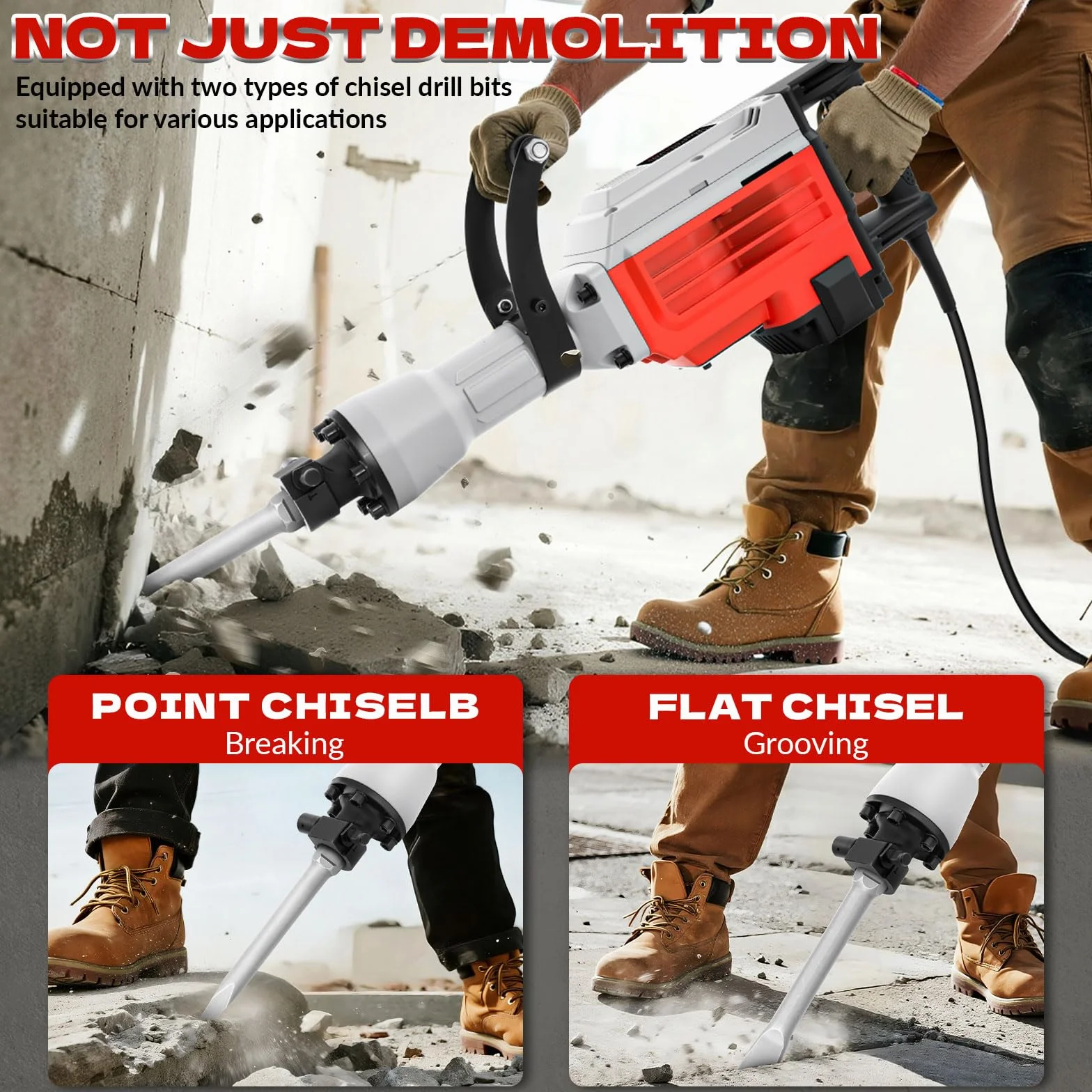 Martillo de Demolición 3500W SDS-Hex, 60J de Fuerza de Impacto, 1900 BPM, con 2 Cinceles Reemplazables, Mango Antivibración y Caja de Transporte - Martillo Percutor Para Hormigón y Obras Pesadas