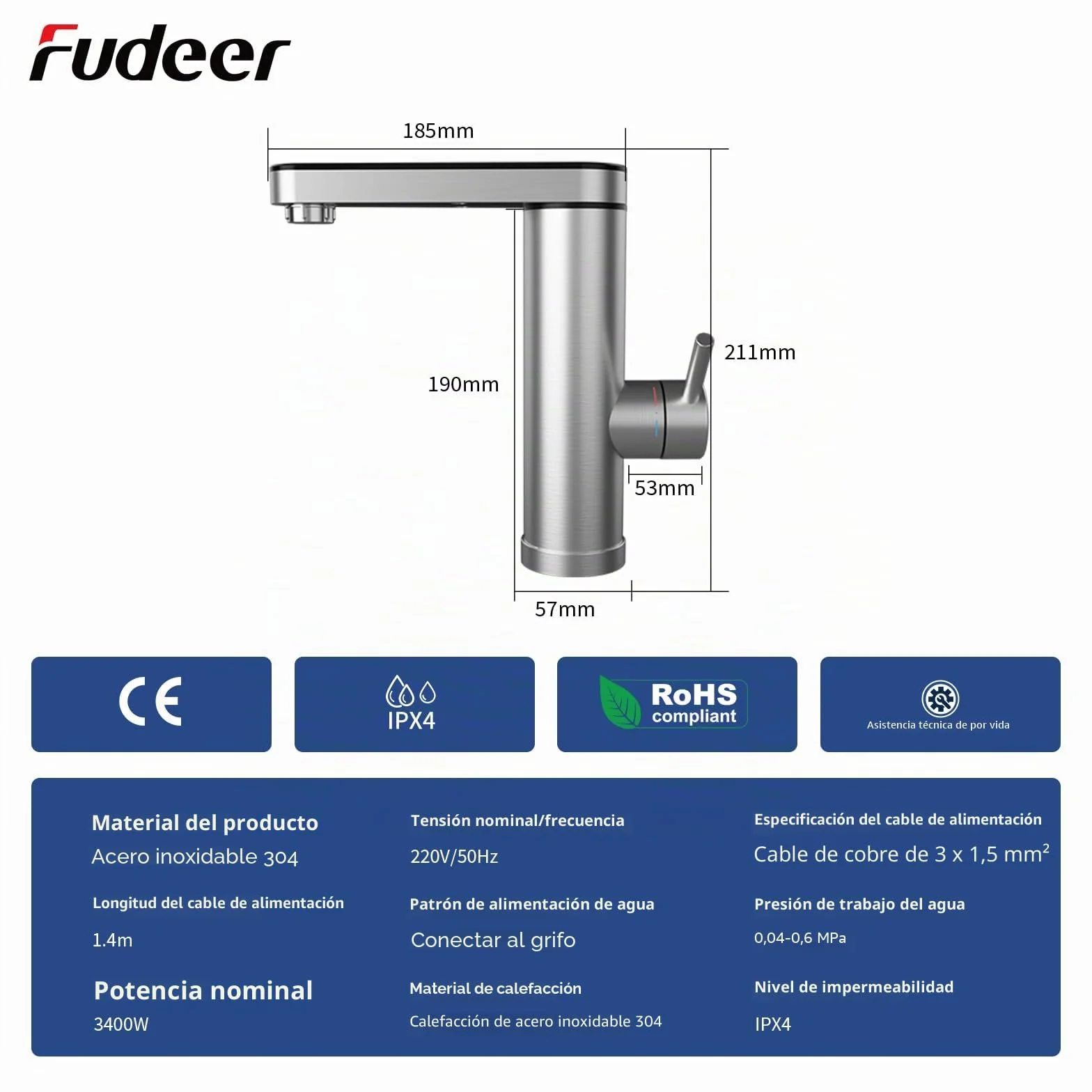 Grifo eléctrico con calentador de agua 230V 3.3KW acero inoxidable 304 pantalla digital 30-45℃