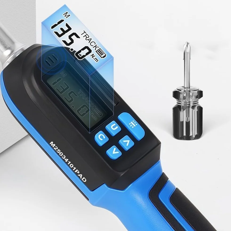 Llave dinamométrica digital con rango ajustable de 6,8 a 135 Nm, LED y sonido, registro de datos, precisión de ± 2%, acero al cromo vanadio para automoción