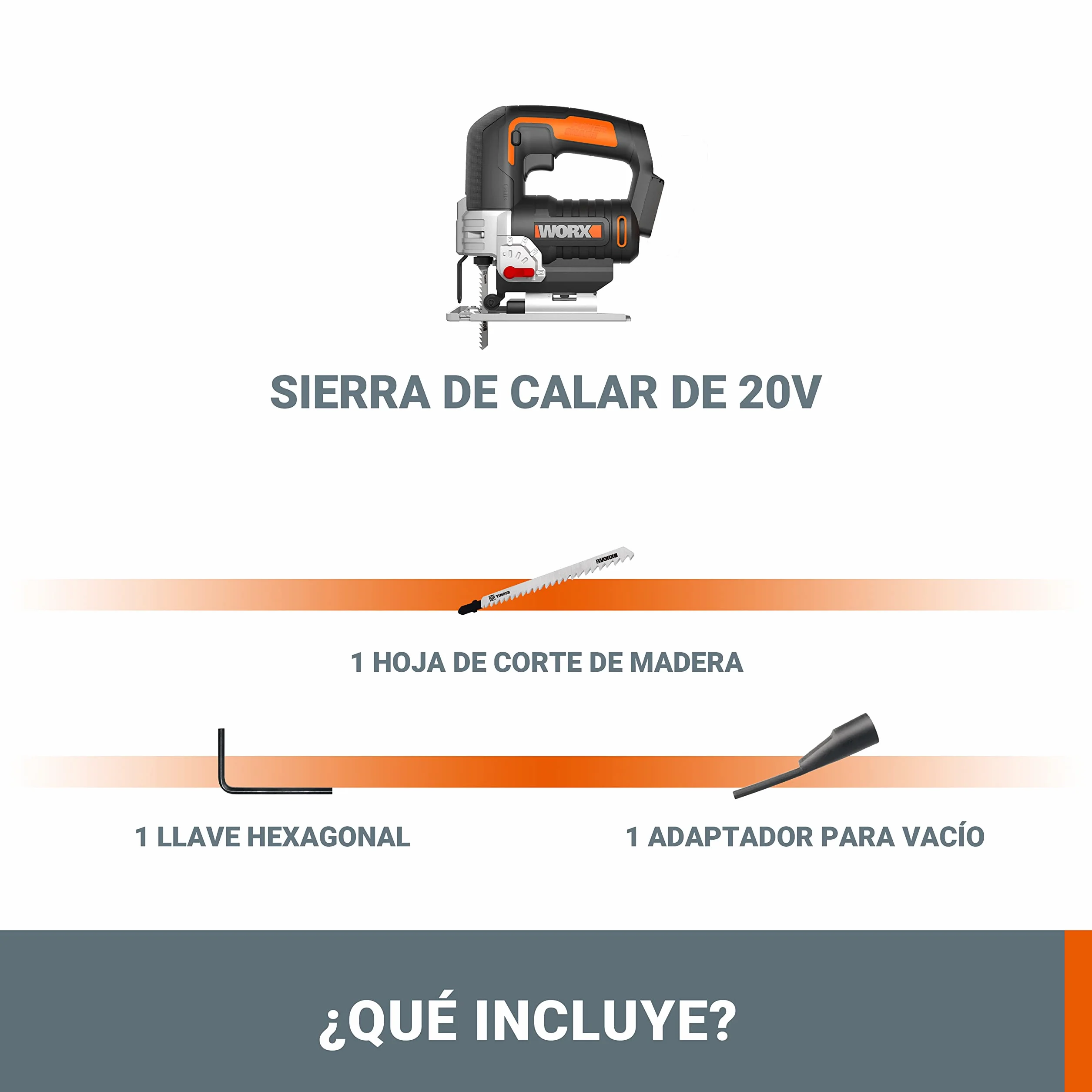 WORX Sierra de calar 20V Máx. | WX543.9 | Sistema de penduleo de 4 posiciones | Sin batería ni cargador | Cambio rápido de hoja| Luz LED | 24mm de corte | Caja de cartón |
