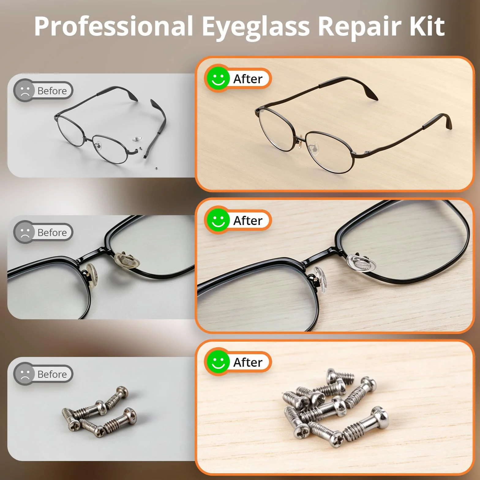 JOREST Kit de reparación de gafas, juego de herramientas para gafas con tornillos, almohadillas nasales, pinzas y destornilladores