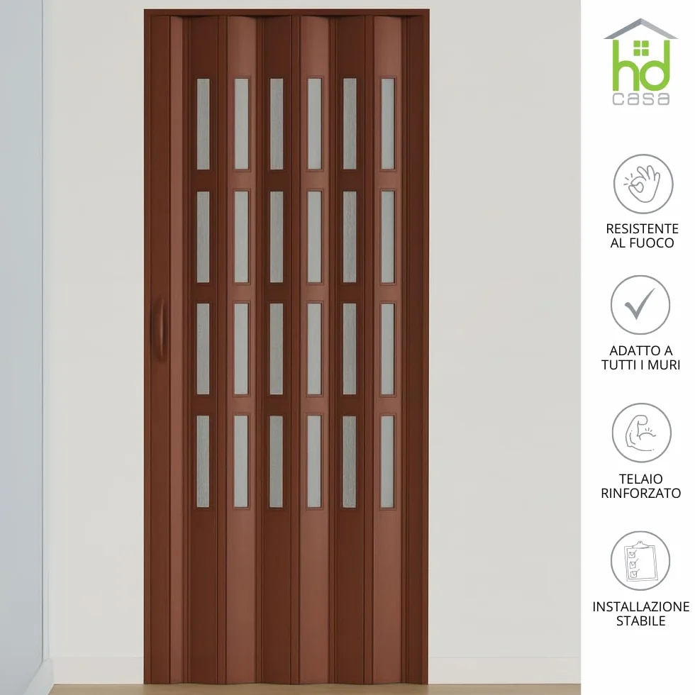 HDcasa Puerta plegable Extra Standard, PVC con cristal transparente, reversible y regulable en altura longitud, para montaje propio, fabricada Italia, decoración del hogar, nogal 82x210 cm