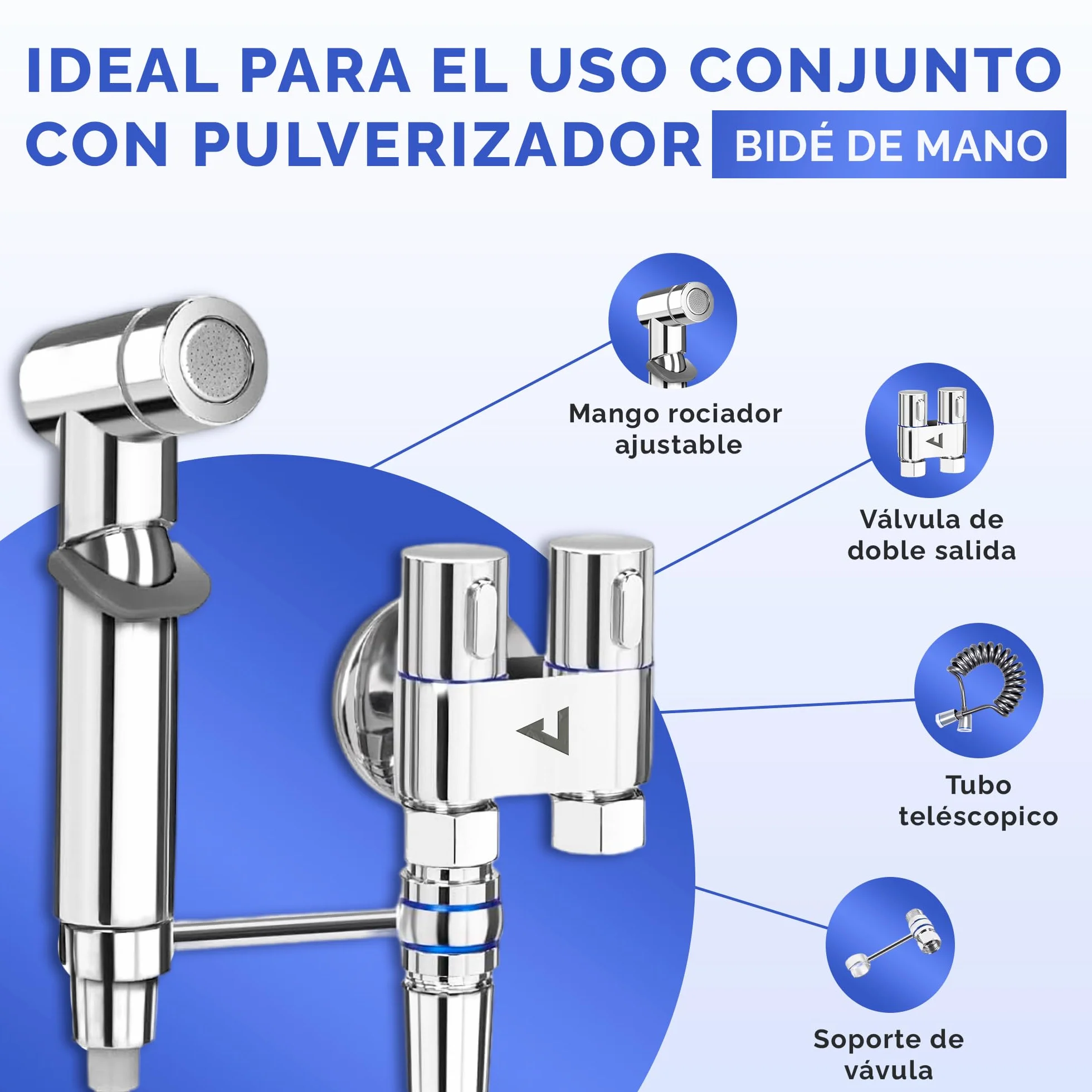 Grifo Bidet para Inodoro con Manguera Retráctil 2m, Válvula de Control de 2 Vías y Doble Mando