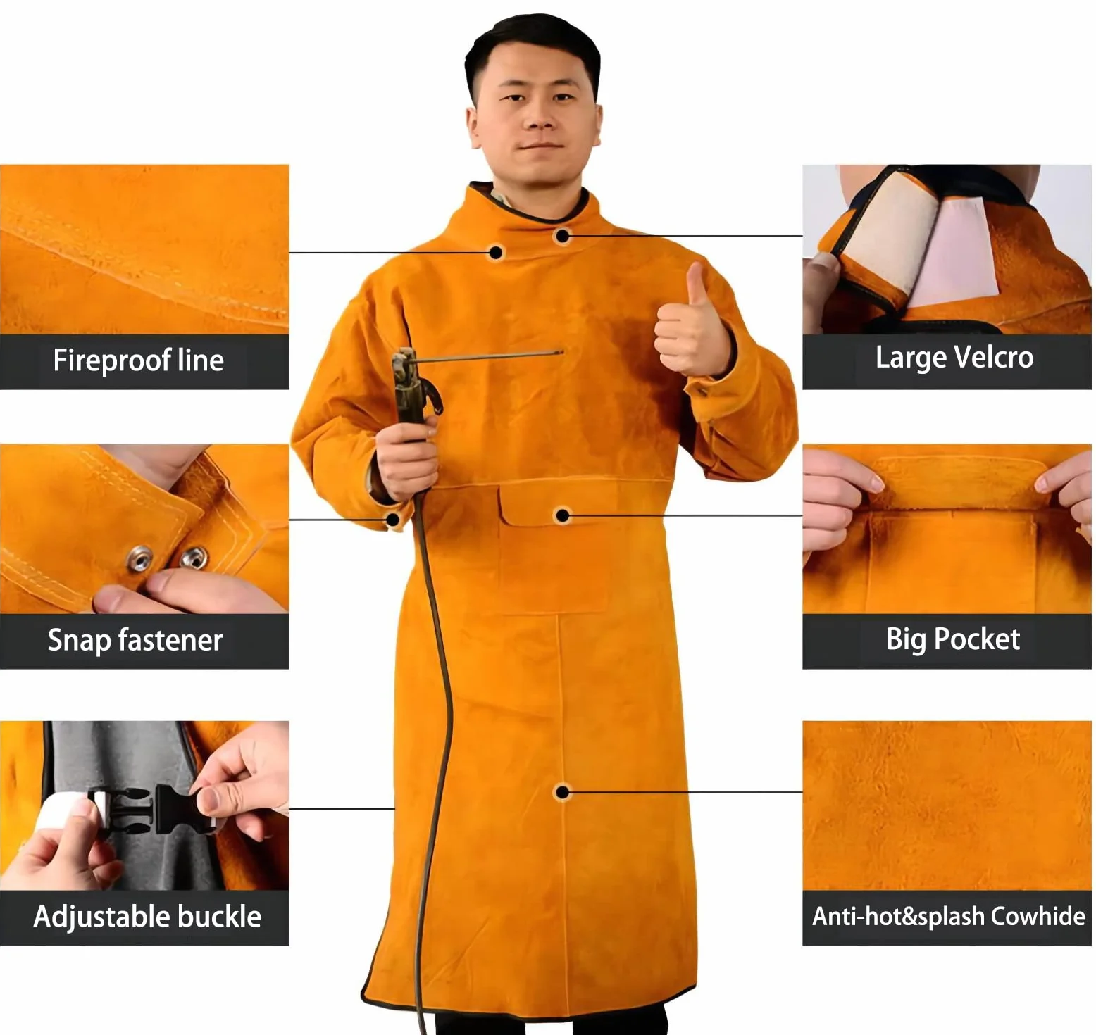 Delantal soldador de cuero vacuno para hombres y mujeres, con mangas y cuello, delantal de protección de trabajo resistente, a prueba de chispas, resistente al calor, 41 x 21 pulgadas