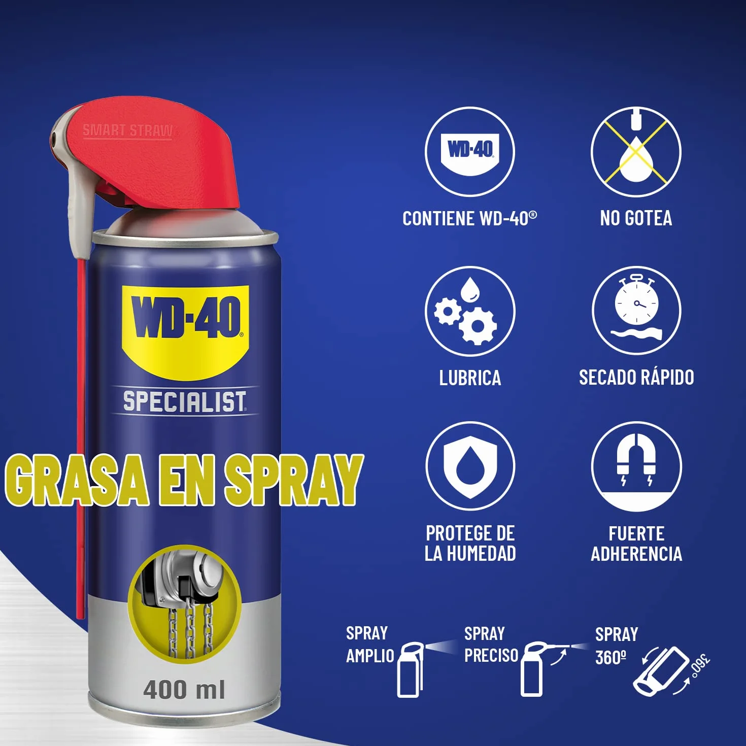WD-40 Specialist Grasa en Spray 400 ml – Lubricante de Alta Adherencia para Metal – Protección contra Óxido y Humedad – No Gotea – Aplicador Doble Acción