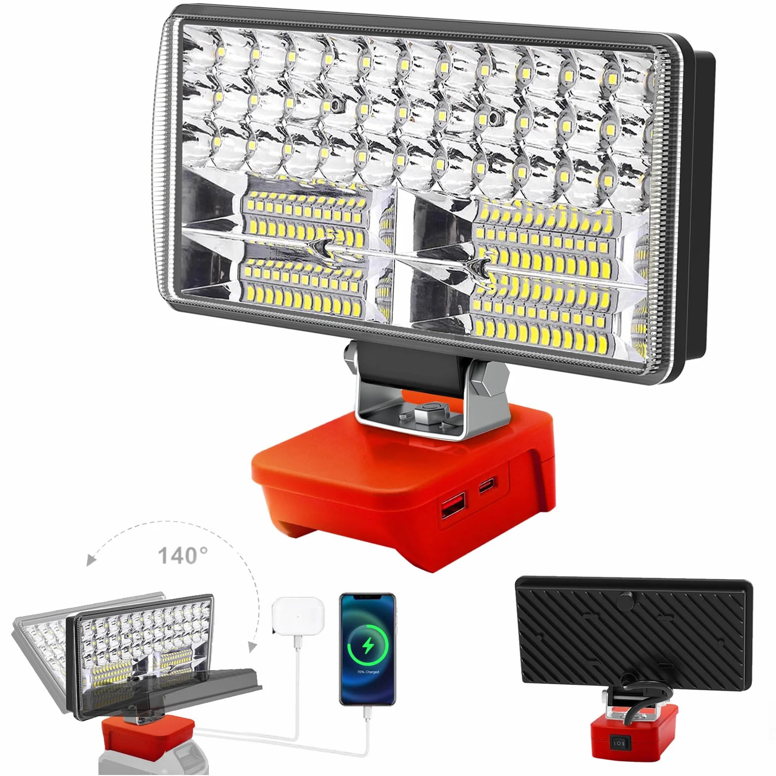 Luz Compatible con La Batería Milwaukee 18V/20V,Lámpara de Trabajo Led Sin Cuerda 60W 6000Lm Recargable Linterna con Protección de Baja Tensión Y Usb,Lámparas de Inundación Impulsadas Por Baterías Led