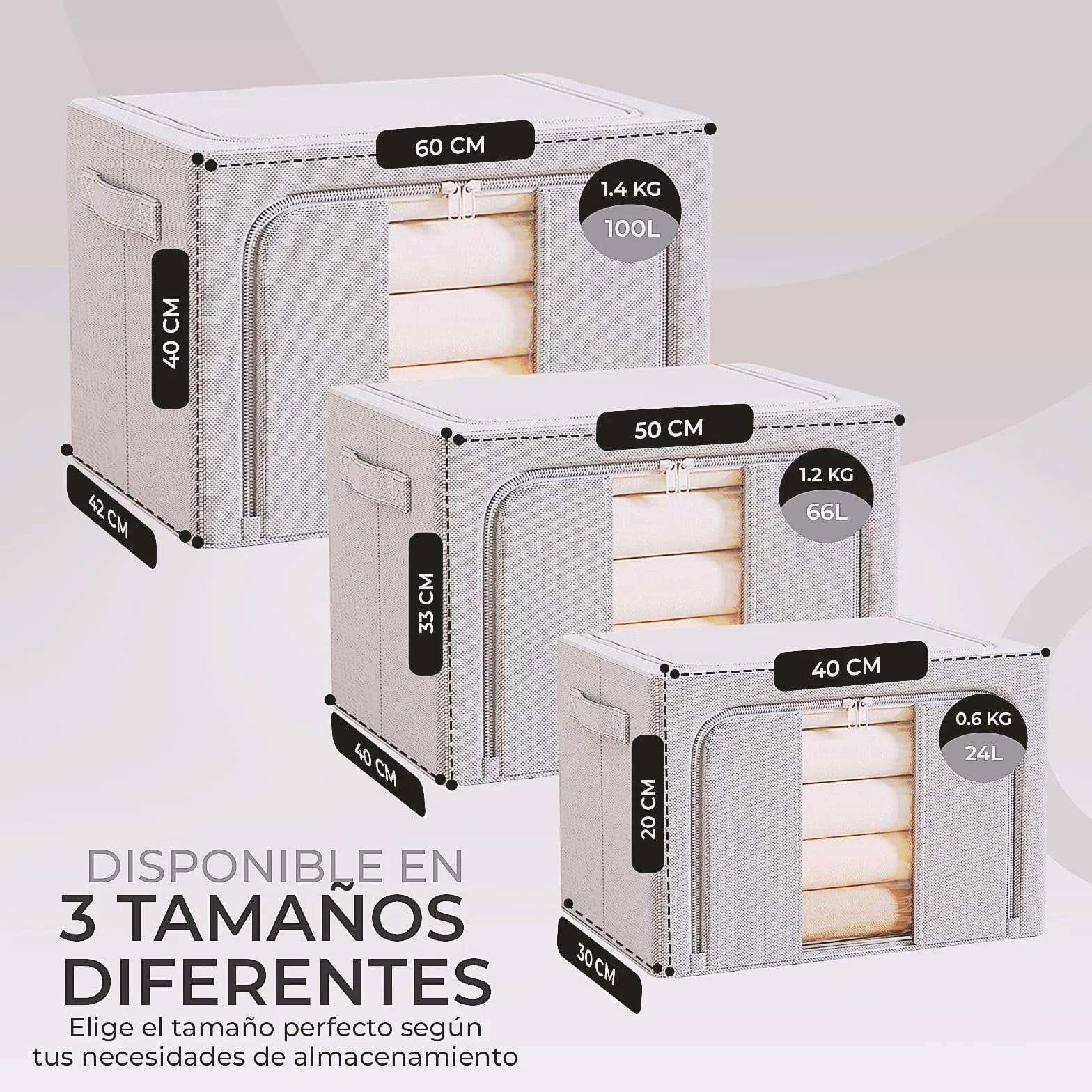 Cajas de Almacenamiento con Cremallera y Ventana Pack 3 Unidades Impermeable Metálica Plegables Gris claro 24L