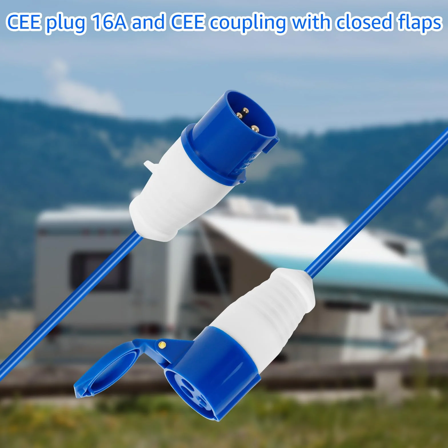 Cable de extensión CEE de 10 m, 230 V, 16 A, ultra seguro, robusto, cable de caravana, cable de camping H07BQ-F en color de señal azul, IP44, cable de alimentación para autocaravana, camping, camping