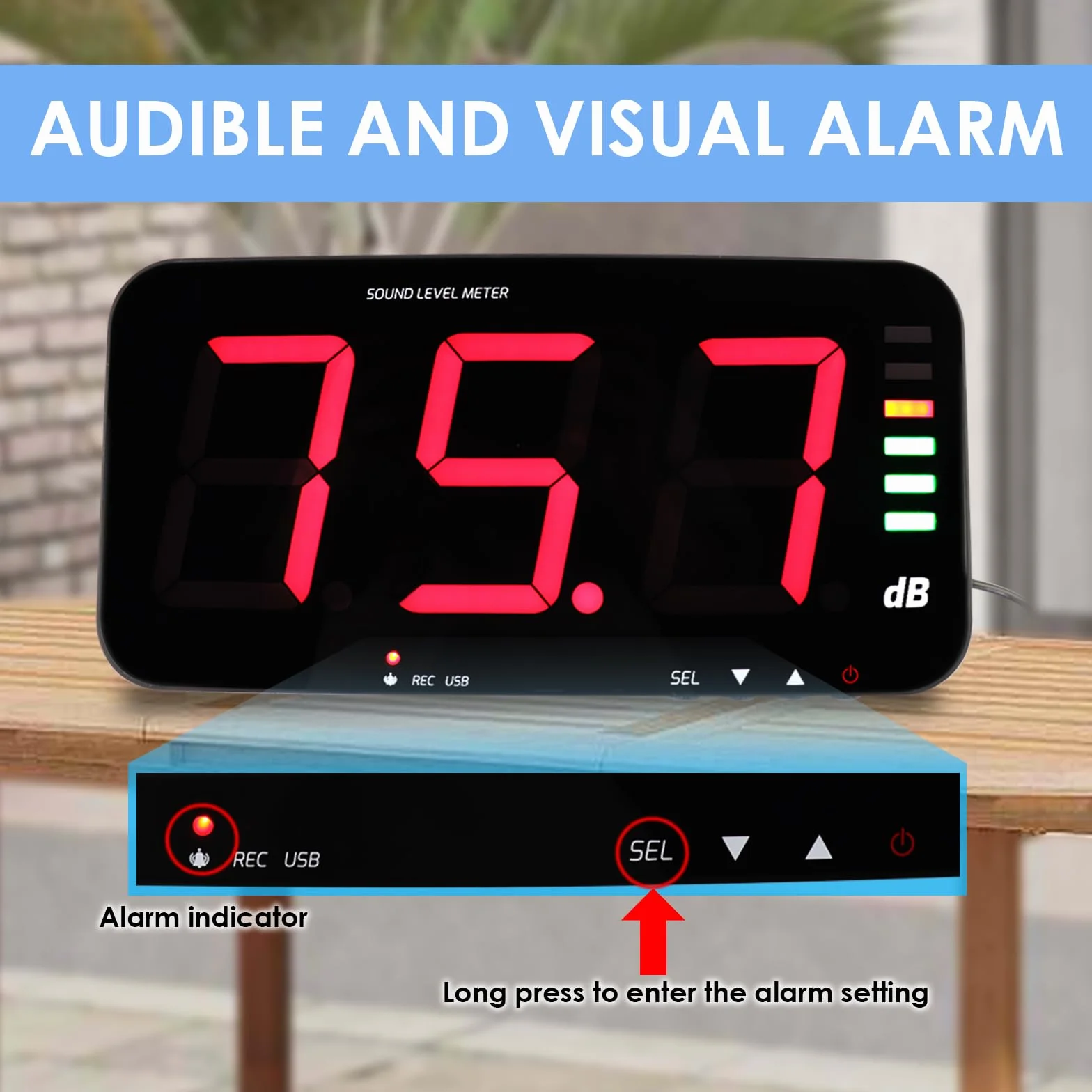 Medidor de Nivel de Sonido Digital 30-130 dB, Medidor de Decibelios con Pantalla HD de 13 Pulgadas Montado en la Pared