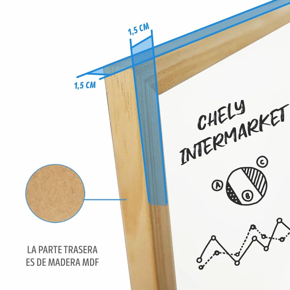 CHELY INTERMARKET Pizarra Blanca Esmaltada 50x70 cm Marco Madera Incluye Rotulador Borrador Kit Colgar