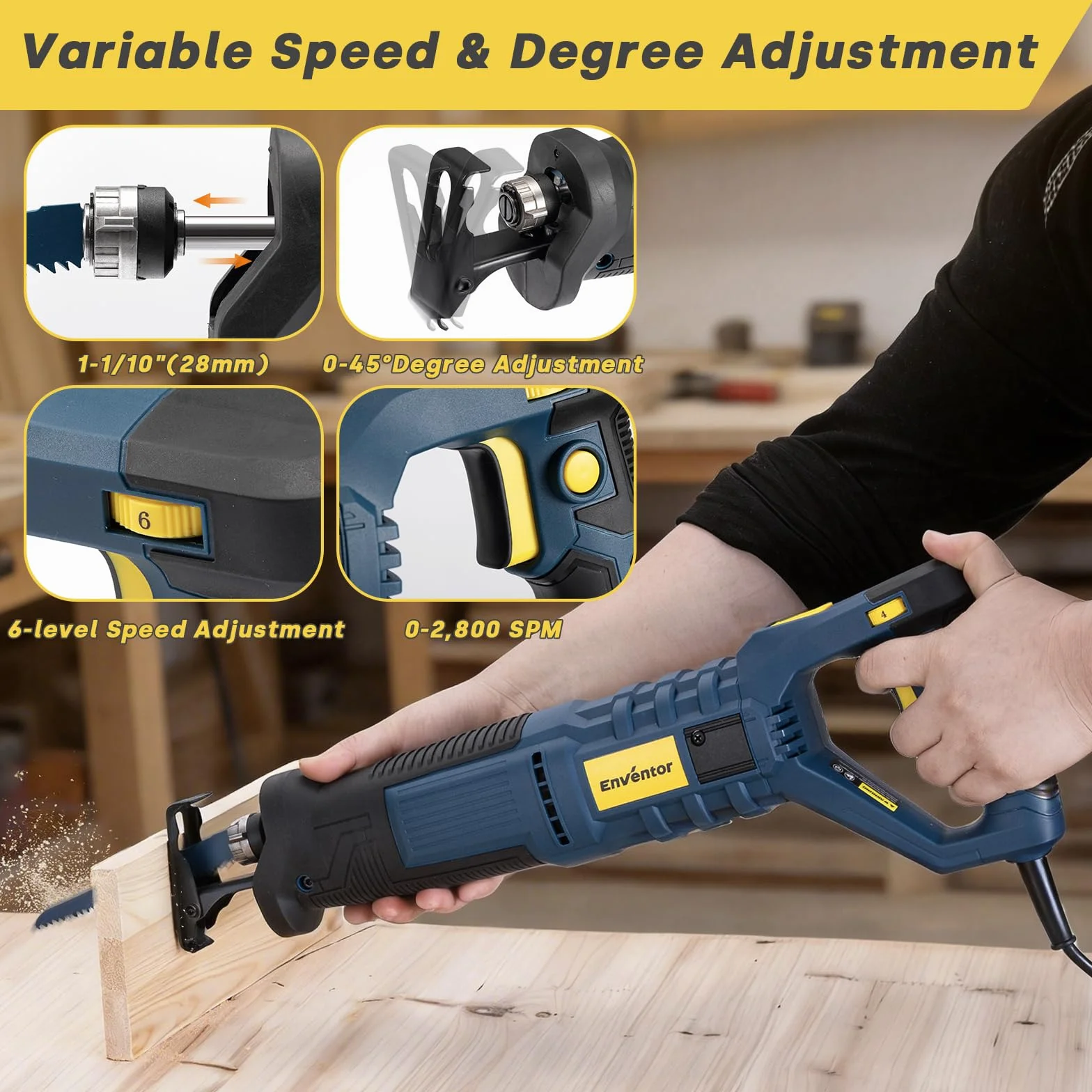 Enventor Sierra Sable con Cable, 850W, Sierra de Sable, 6 hojas, 2800SPM, velocidad variable, carrera de 28mm, cambio de hoja sin herramientas, 180° mango giratorio, para cortar madera, PVC y metal