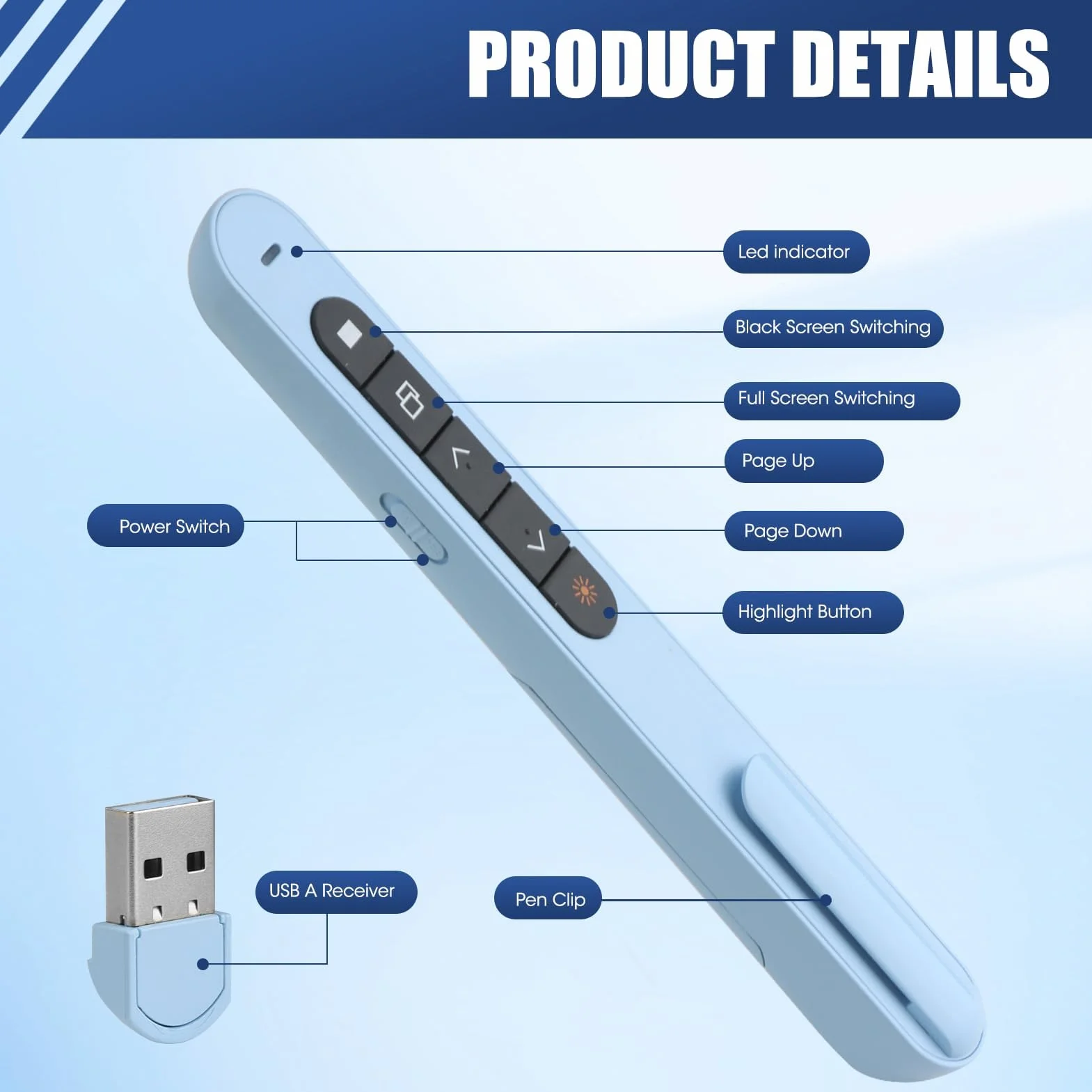 USB Presentador Inalambrico, Pasador de Diapositivas USB para PowerPoint Keynote Google, Mando Inalámbrico para Reuniones Discurso Enseñanza, Puntero para Presentaciones para Macbook Air Pro