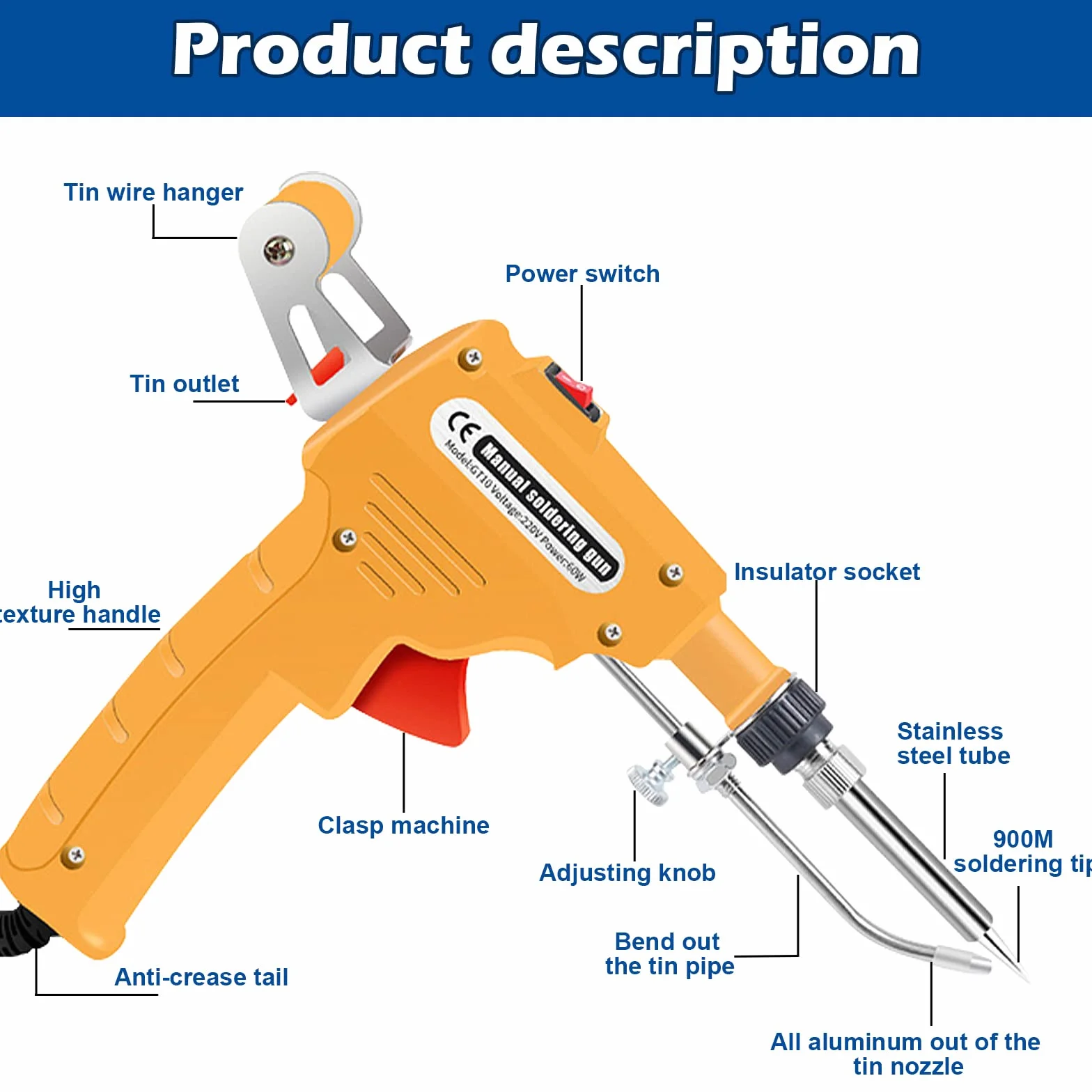 Kit de pistola de soldadura electrónica de 60 W con 5 puntas, bomba desoldadora, pinzas, cables de soldadura, soporte y destornillador Phillips para electrónica, reparación (amarillo)