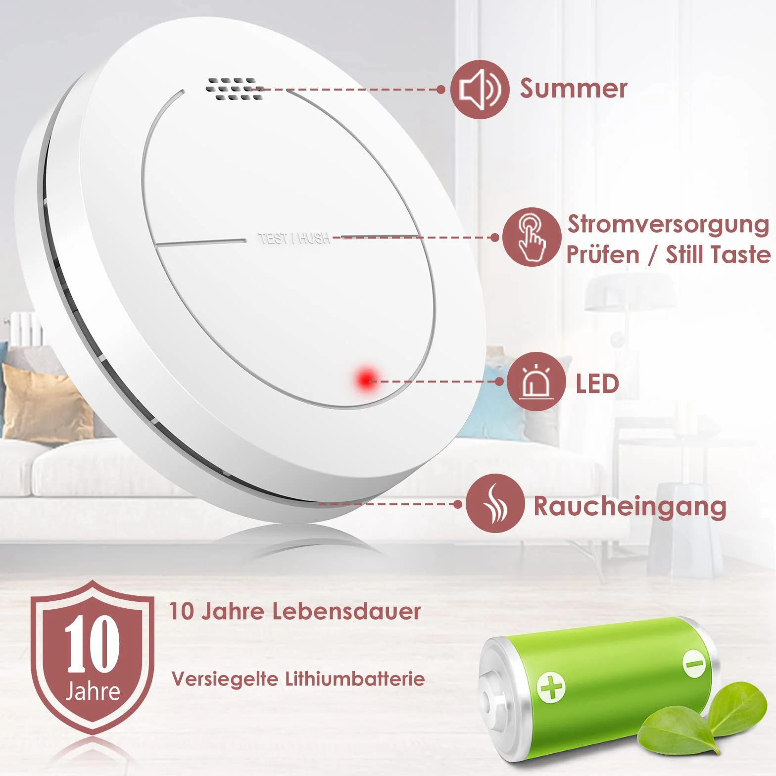 Detector de Humo Plano 85dB, batería 10 años, función Silencio, 1 Pieza