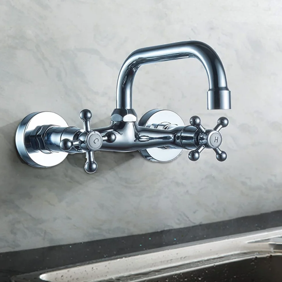 Grifo montado en la pared, Grifo Doble de dos manijas para cocina, Grifo Lavadero, Grifo de cocina nostálgico, regulador giratorio, retro, instalaciones de baño, plata