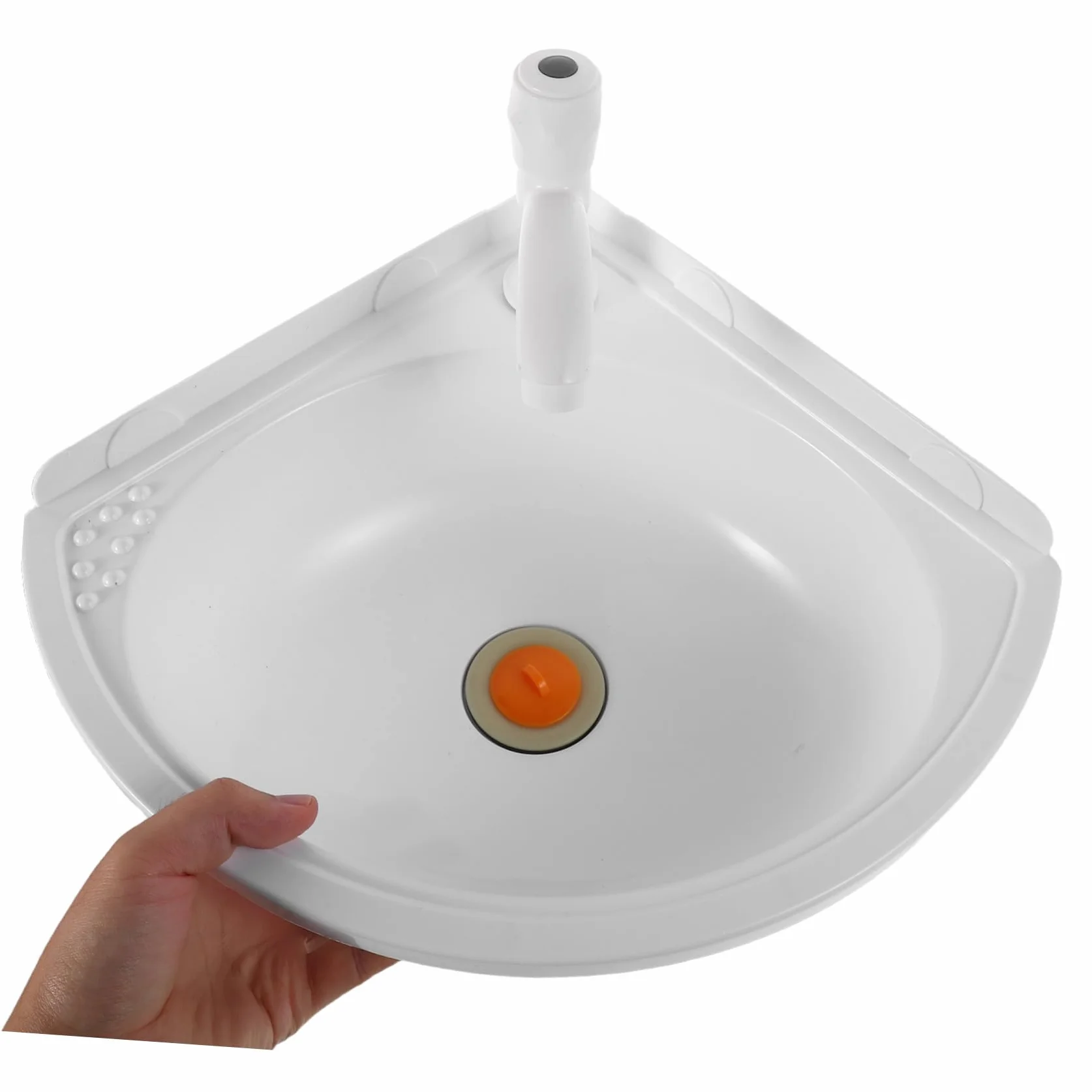 Operitacx Lavabo de Baño Triangular de Plástico con Grifo, Montaje en Pared, Compacto Color Claro para Baño Pequeño, Fregadero de Esquina Suspendido, Solución para Espacios Reducidos, 1