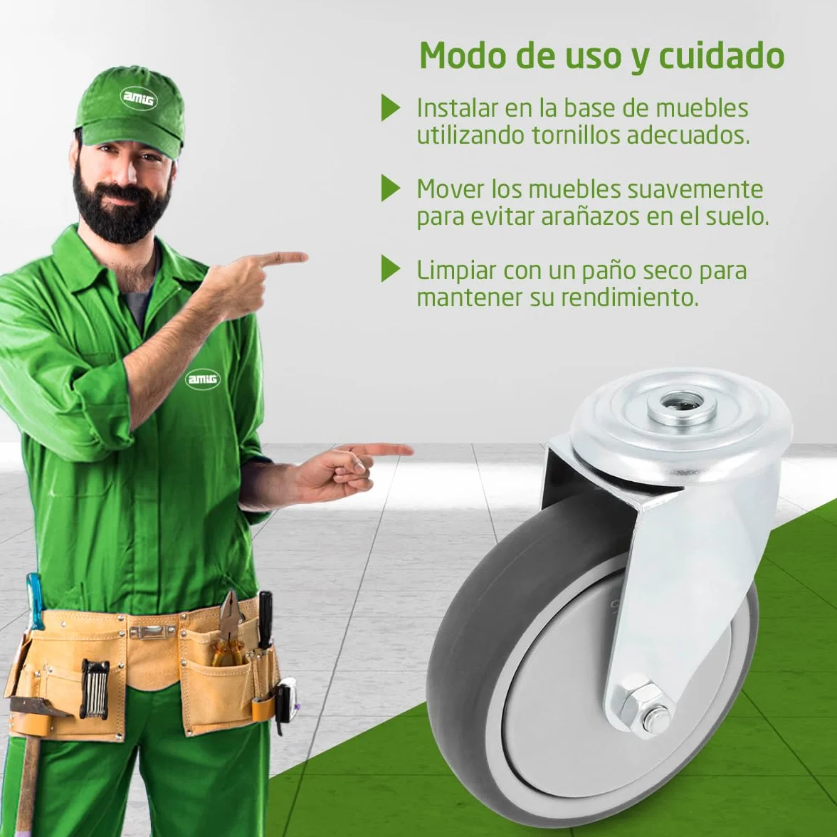 Amig- Pack de 4 Ruedas para Muebles - Con Agujero- Ø100 mm - Carga Máxima por rueda 110 kg- Pletina de Acero- Fabricada con Goma- Sin Freno- Ideales para Mover Equipos Industriales y Muebles Pesados