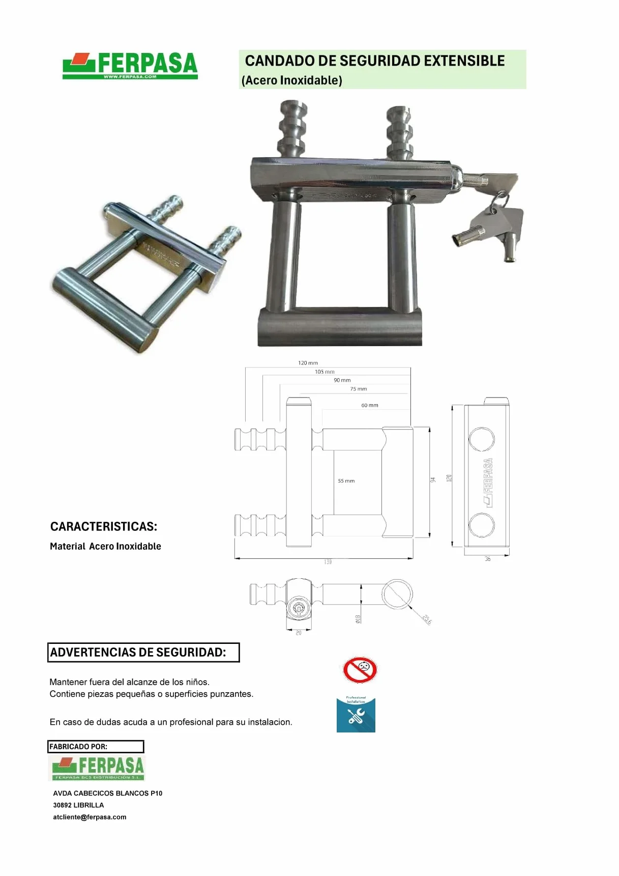 FERPASA® - Candado de Seguridad Extensible - Antirrobo para Verjas, Rejas, Cierres de Tijera, Cierres Extensibles, Cancelas, Puertas de Ballesta - Candado Grande Exterior de 5 posiciones (60-120 mm).
