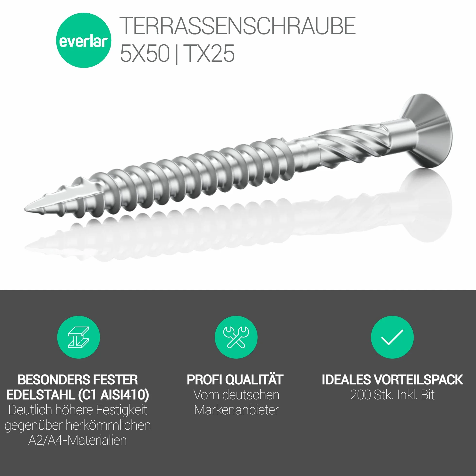 Premium terrace tornillos 5x50 acero inoxidable I 200 pcs. + Bit I AISI410 C1 I TX25 I Tornillos para tablas de patio etc. I TORX, fresado de costillas, punta cortada, muesca de corte