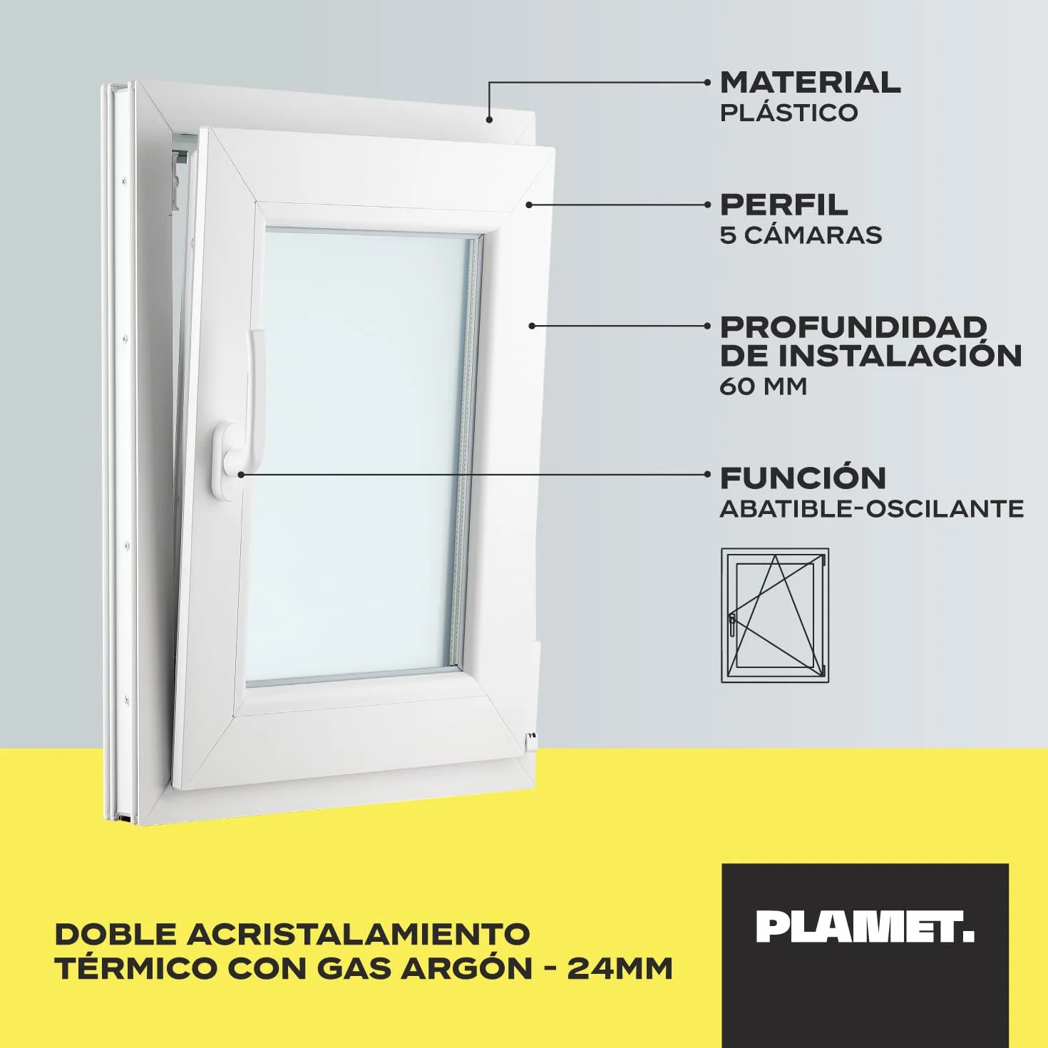 Ventana de PVC - Ventana de Plástico - Resistente a las Influencias Ambientales - Protección Contra Robo - Aislamiento Contra Ruido, Viento - Blanco Satinado - 500x600cm - 4s-16ar-4i