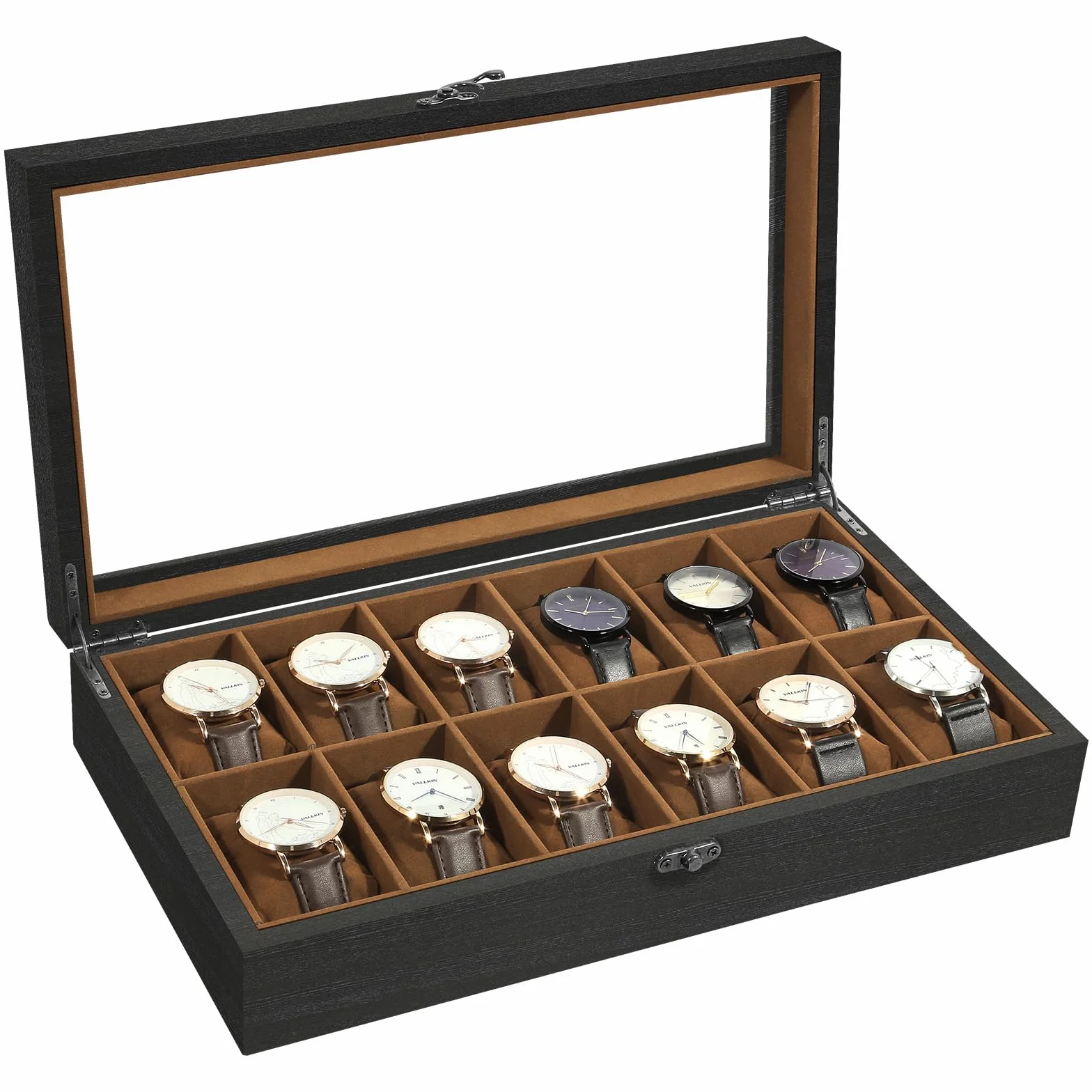 Uten Caja de Relojes con 12 Compartimentos, Caja para Reloje Madera, Tapa de Vidrio y Almohada Algodón Seda, Forro Marrón, para Exhibición y Almacenamiento de Relojes Joyería, Regalo Ideal