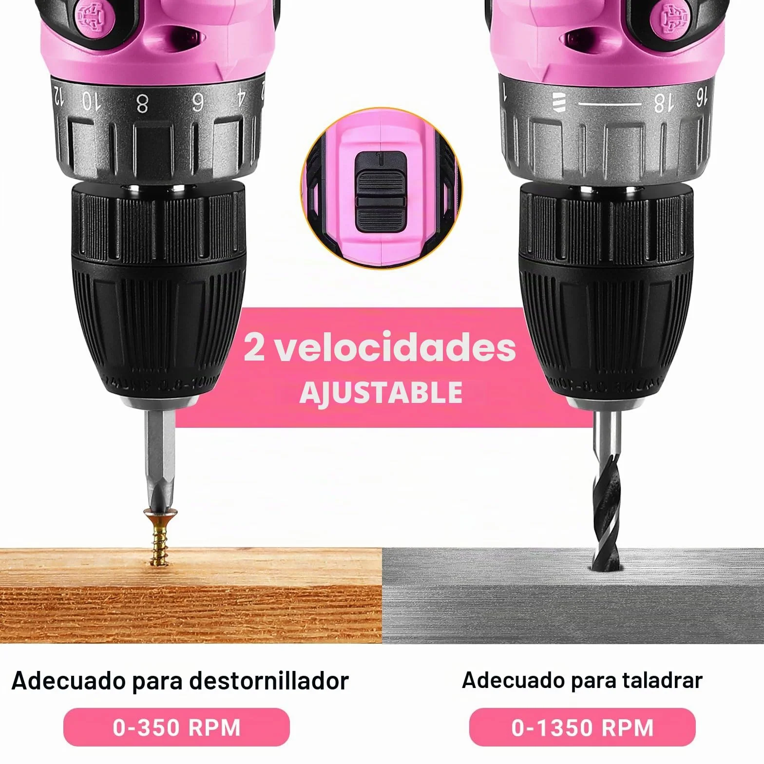 Taladro Inalámbrico, DEKOPRO 20V Taladro Atornillador Bateria con 1 Baterías y Cargador, 40 Nm, 2 Velocidad y LED, Adecuado para Bricolaje en Casa y Jardín,Rosa