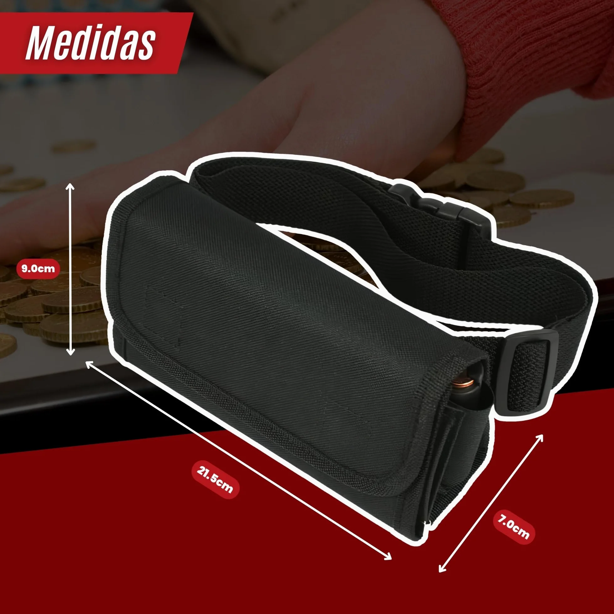 Cartera Dispensador de Monedas y Billetes con Bolígrafo Detector - Riñonera Camarero para Taxi, Vendedores (Negro)