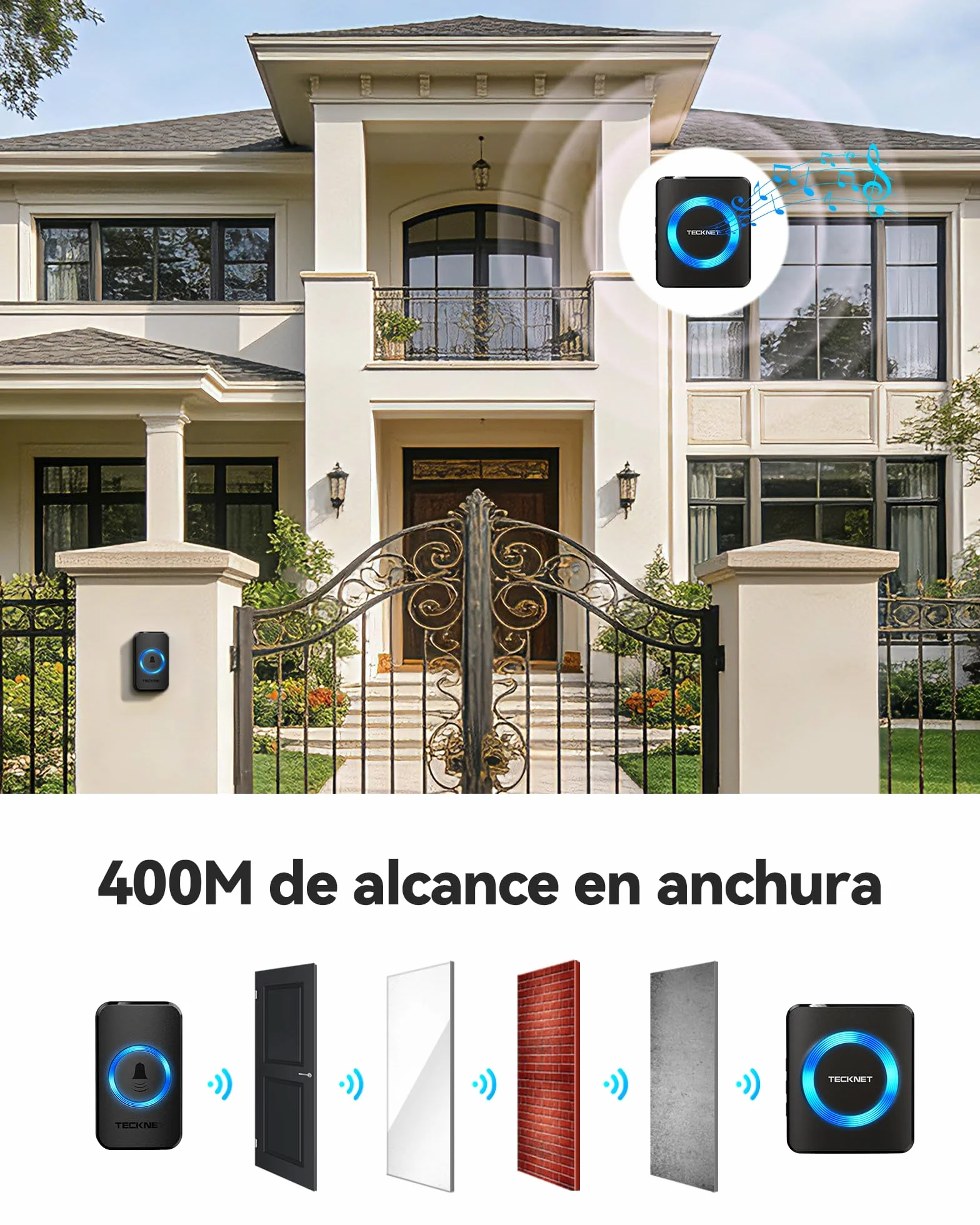 TECKNET Timbre Inalámbrico con Batería, 400 m, IP65, Resistente al Agua, 5 Niveles de Volumen, 60 Melodías