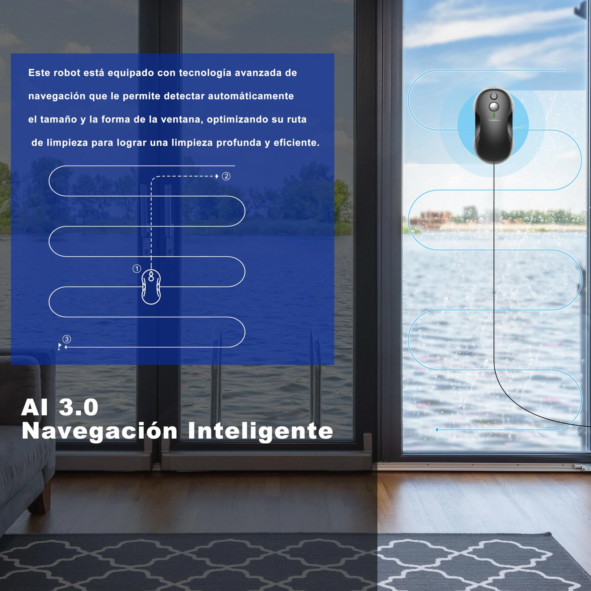 Tosima Robot Limpiacristales, Robot Limpieza de Ventanas Electrico, Sistema de Seguridad, Navegación Inteligente, Control Remoto, para Todas Las Superficies Lisas, con 12 Trapo (W3, Black)
